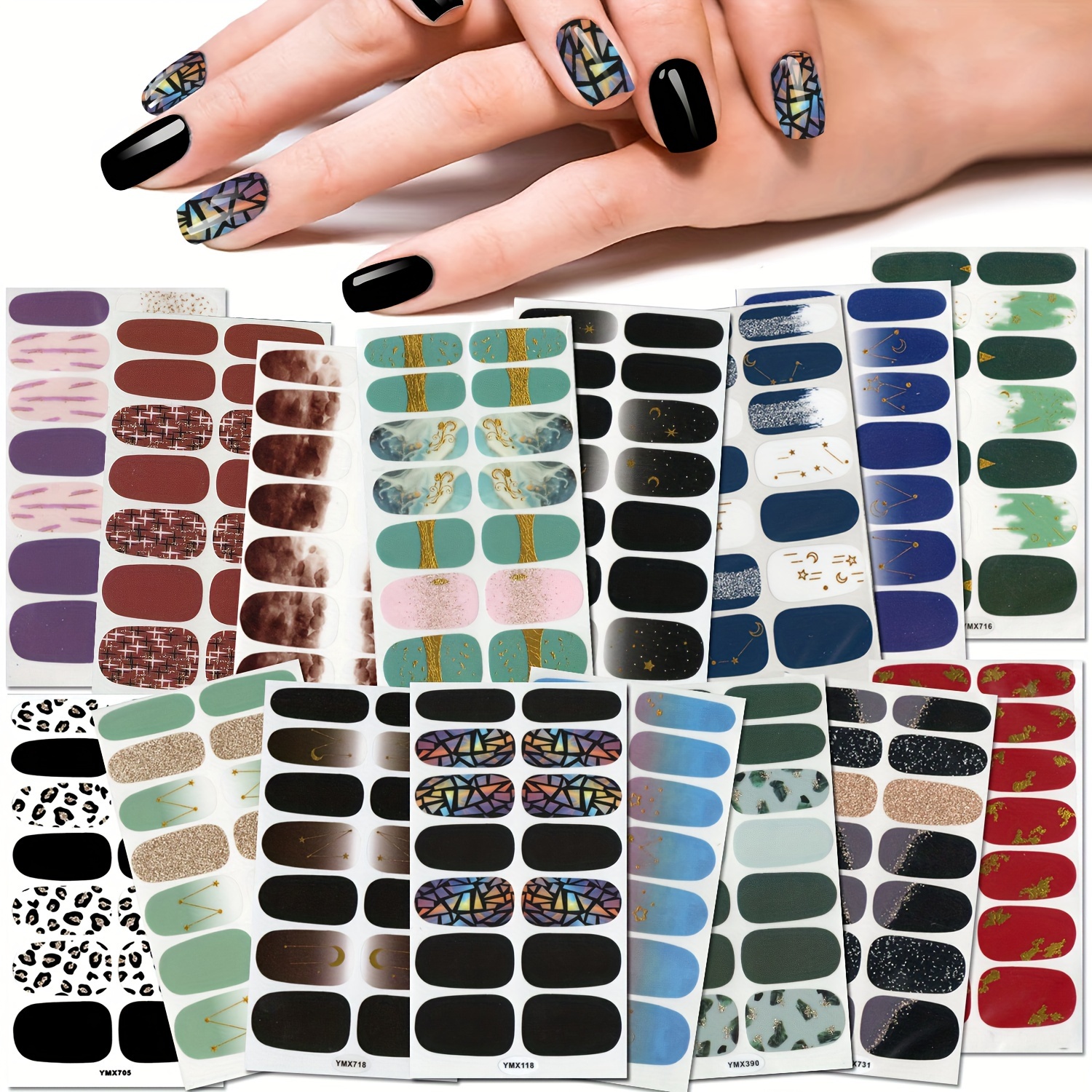 

16 Sheets Nail Stickers With Nail File White Starry Moon Leopard Print French Halo Dyeing Self-adhesive Diy Nail Stickers