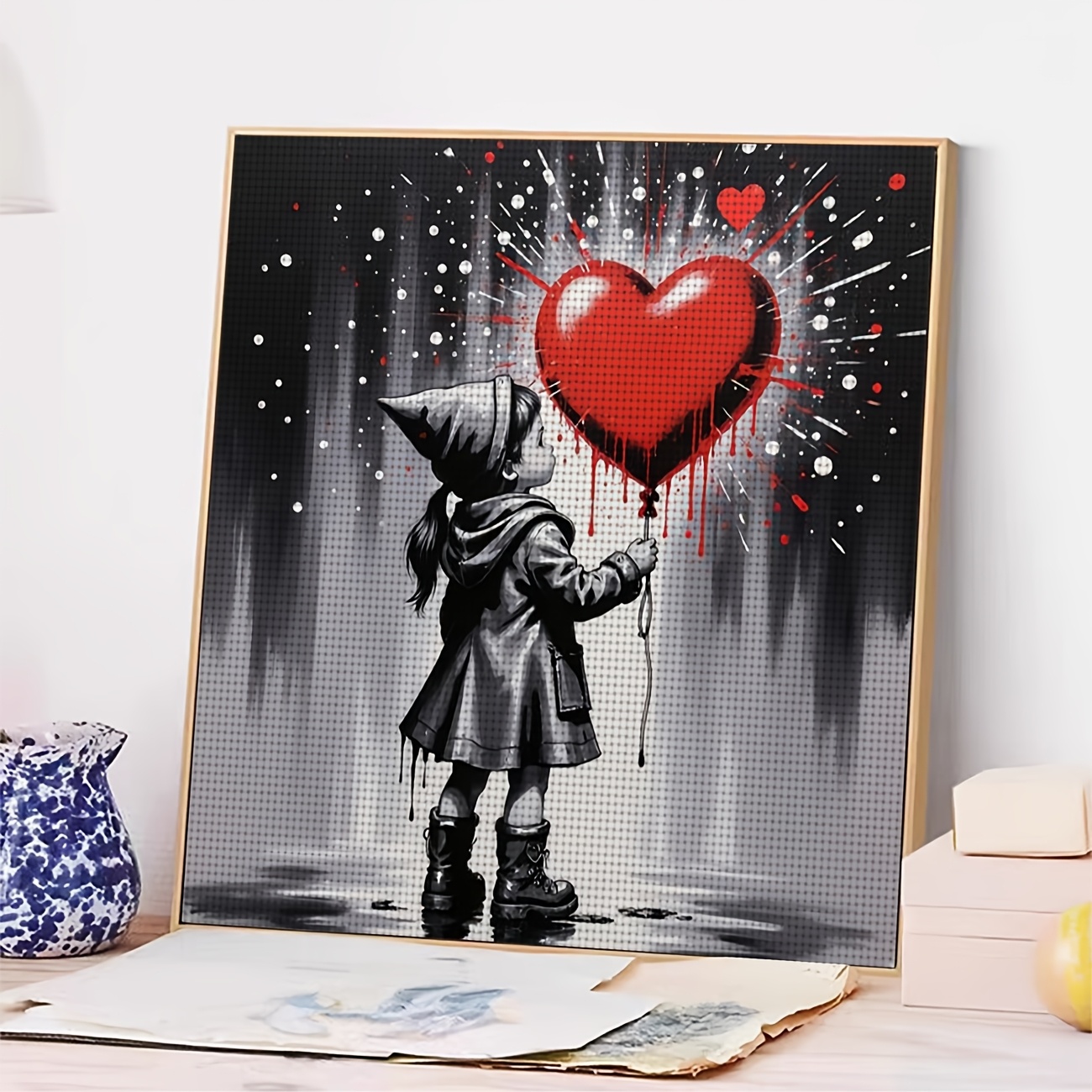 Child Holding a Red Heart Balloon Cross-Stitch Kit