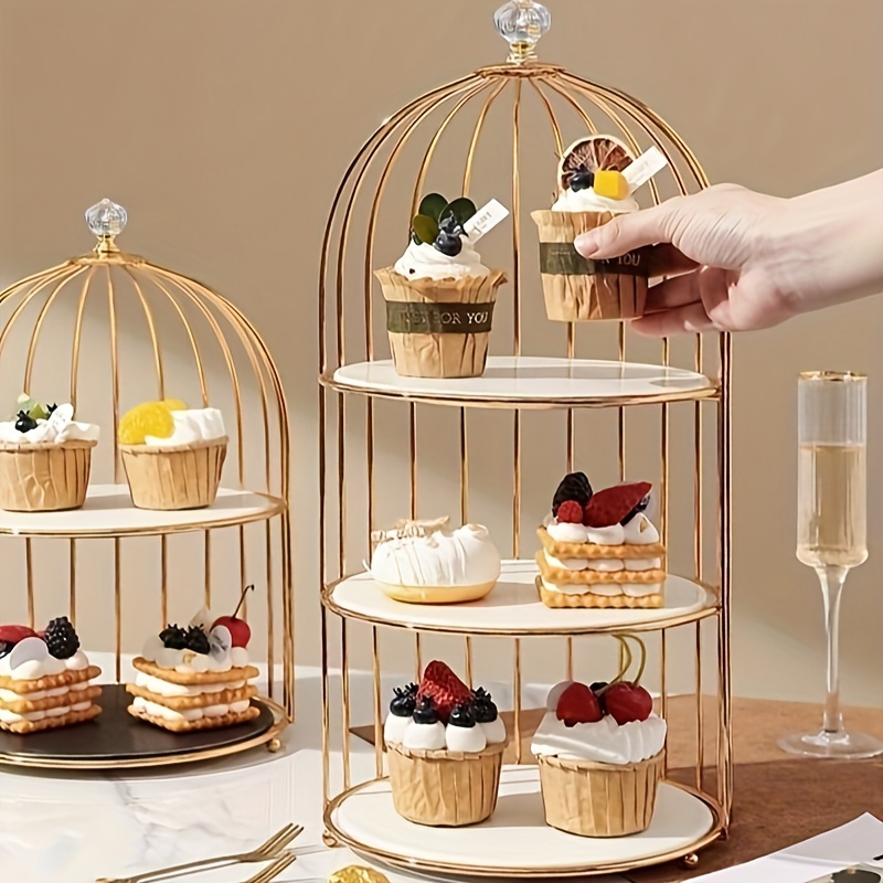1pc, European Style Double-layer Cake Stand, Golden Table Display Dessert  Stand, Birdcage Designed Cupcake Display Holder, Fruit Tray, Afternoon Tea D