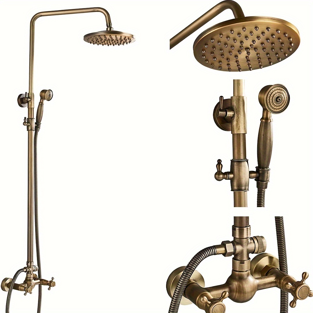 

Antique Brass Bathroom Shower Faucet System Set 8 Inch Rainfall Shower Head Handheld Spray 2 Knobs Mixing Valve Outdoor Shower Faucet Set