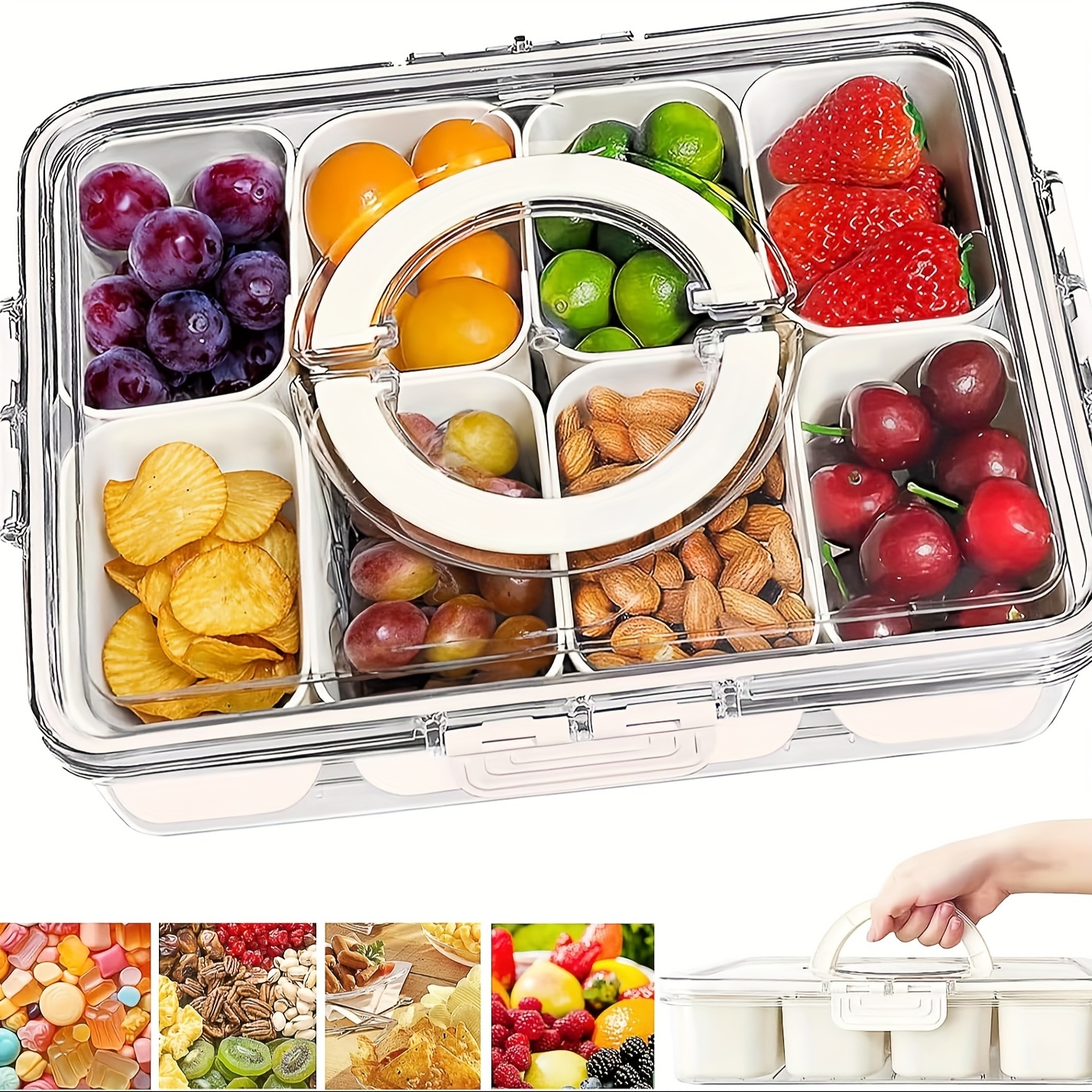 

Plateau de Service Divisé Portable avec Couvercle & Poignée - Organisateur de Snacks Réutilisable pour Fruits, Noix, Bonbons | Idéal pour les Fêtes, les -, les & la Livraison de Repas