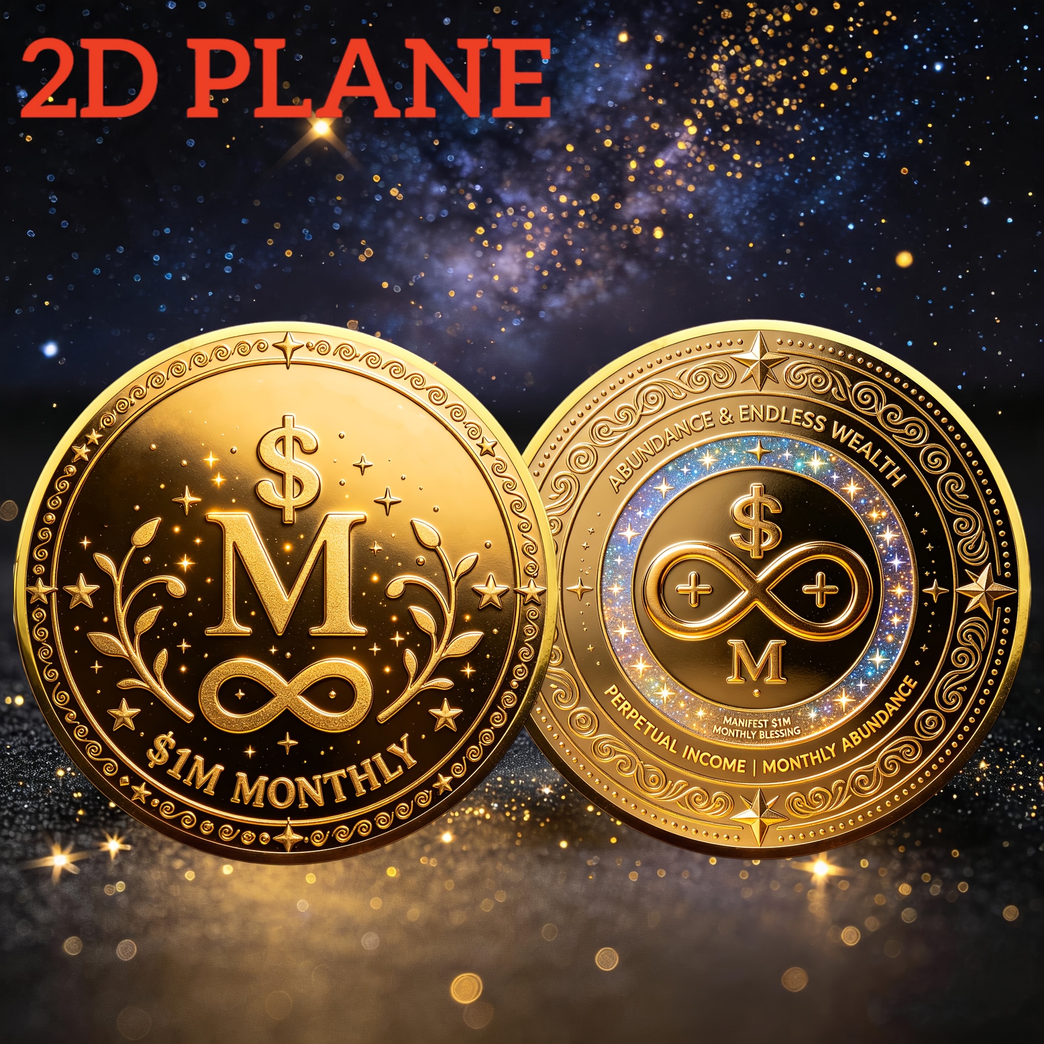 TEMU 1pc 2d Printed Double-sided Pattern Coin With Monthly Income Symbol, Infinite Symbol, Vines, Stars, Fortune Blessing, Portable Money Charm,