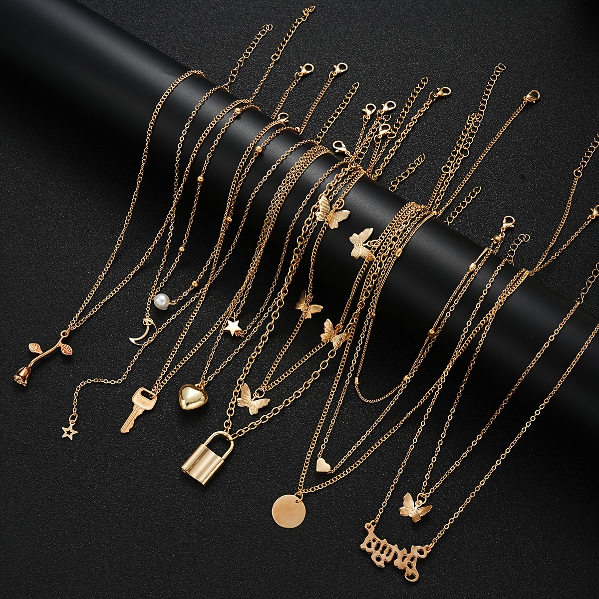 

12 Pieces Elegant Simple Autumn And Winter Lock Moon Love Pendant Design Necklace Set Ladies Daily Light Luxury Attend Party Vacation Dating Gifting