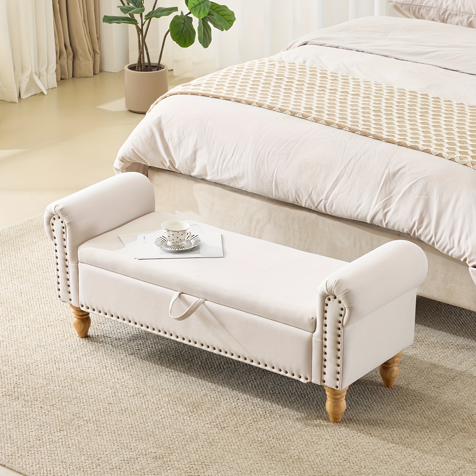 ATOMHAUS Upholstered Storage Bench for Bedroom End Of Bed Rolled Armed Corduroy Linen Fabric Ottoman Couch Long Bench Window Sitting Fireplace Toy Storage Bench Living Room Furniture
