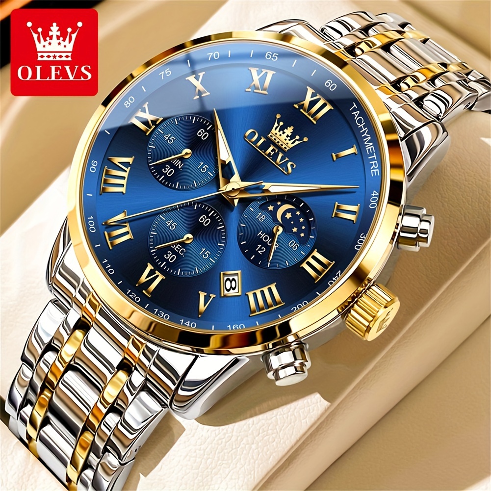 

Olevs Men Watch Stainless Steel Chronograph Roman Moon Phases Quartz Watch For Men