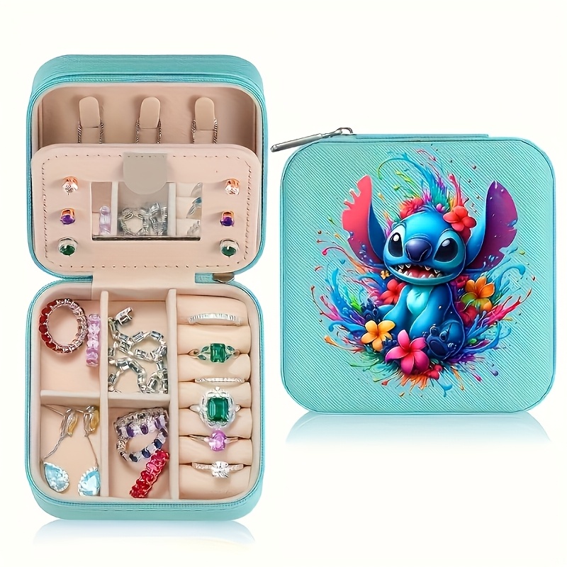 

[1pc Disney Stitch Jewelry Box] 1pc Disney Stitch & Flowers Pattern Leather Jewelry Organizer, Elegant Portable Necklace Ring Earring Storage Case, Minimalist Solid Color, Green, Non-washable