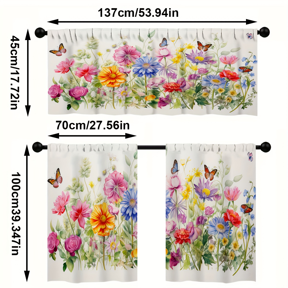 TEMU 3pcs Set: Colorful Flower And Pattern Polyester Kitchen Curtains Set - Elegant Design For Brightening