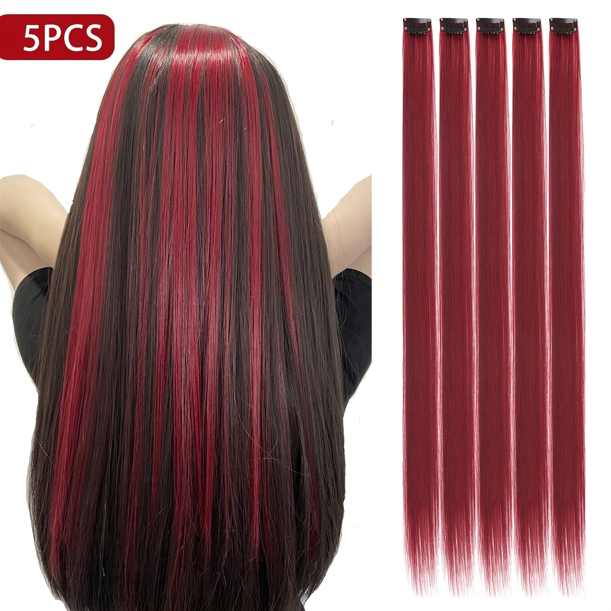 E-shop 5 Stück Weinrot Clip-in Extensions | 20-Zoll Glattes Synthetisches Haar, für Halloween, Modepartys, Weihnachten, Neujahr und Mehr - Marke LEHAN