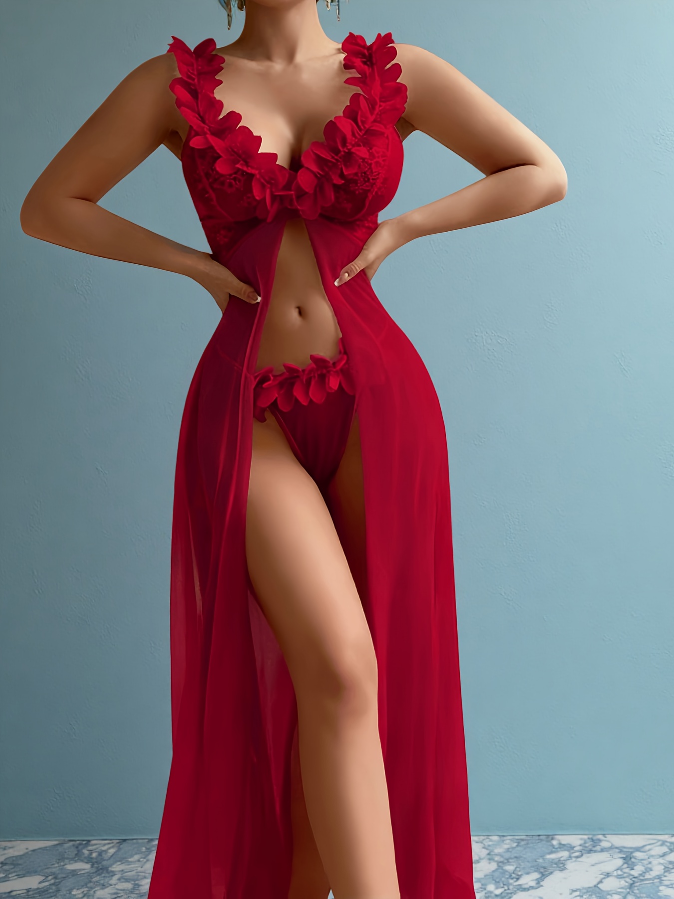 2 pack teddies lingerie for women   lace sleepwear set with g string matching panties deep v neck contrast lace details solid color   pajama sets for adult Product details 4