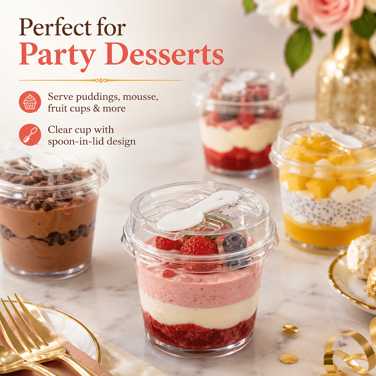 75pcs 5oz Dessert 25 Cups with 25 Lids and 25 Spoons, Clear Plastic Parfait Cups, 150ml Round Dessert Containers with Flat Lids, Ice Cream Cups for Mini Cakes, Pudding, Yogurt, Mousse, Fruit, Party Supplies
