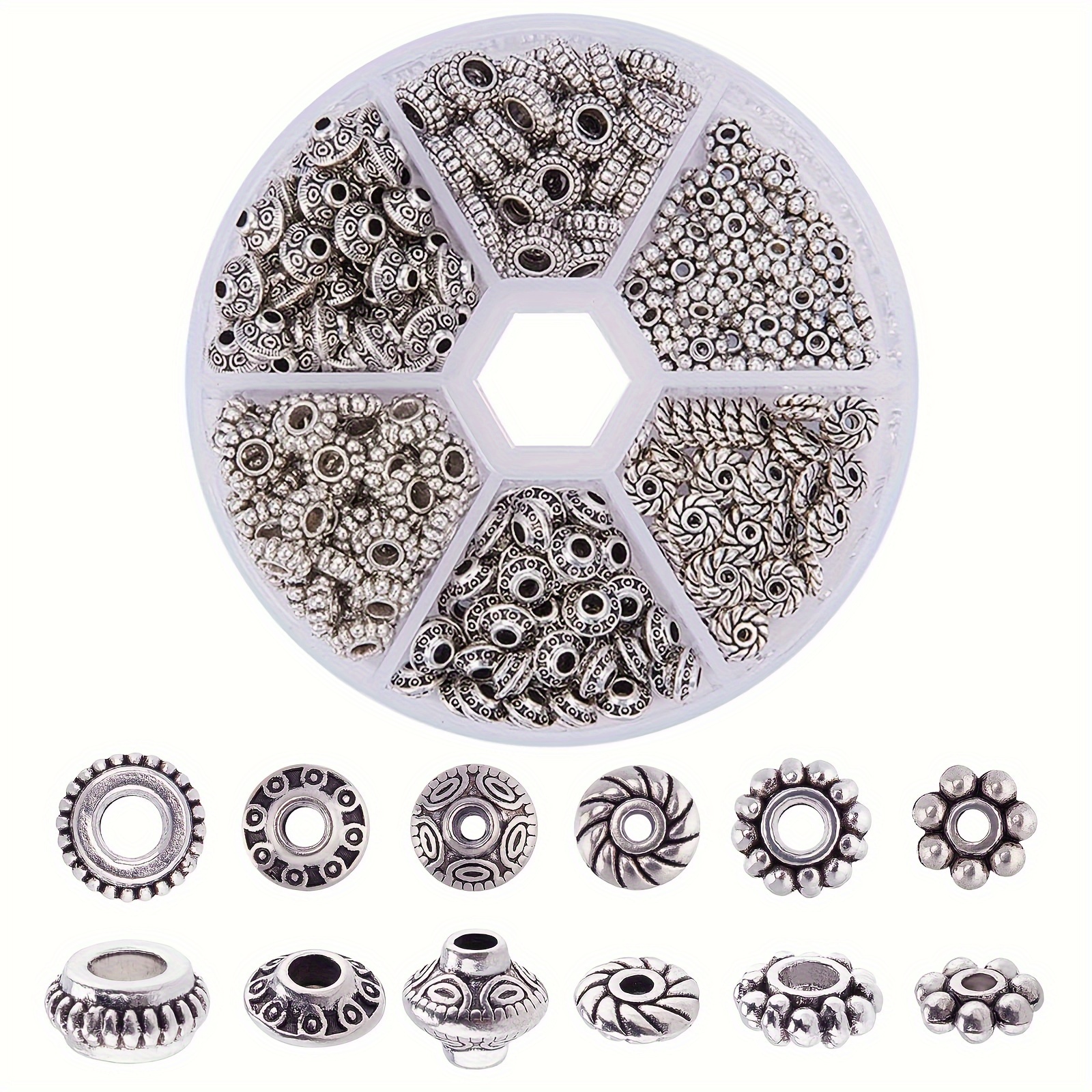 

300pcs 6 Style Spacer Beads Metal Alloy Tube Spacers Flower Flat Small Loose Beads For Bracelet Necklace Earring Jewelry Making Supplies