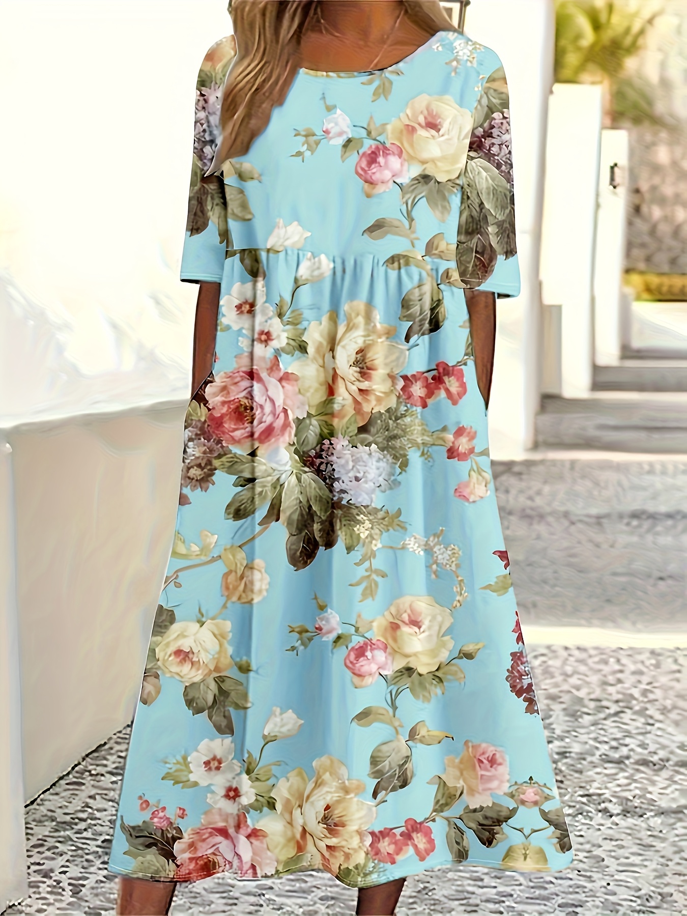 knee length dresses for ladies Lace Ladies Long Dress with Gathered Round Neck and Pouch