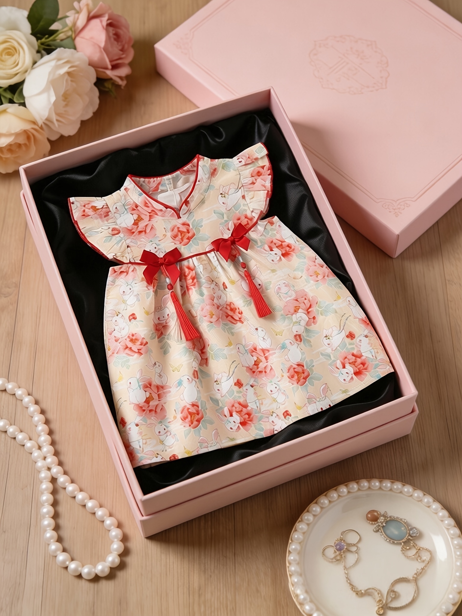 Cute Chinese Qipao Baby Girls Summer New Dress Sweet Floral Tassel Puff  Sleeve Chinese Style * Dress Infant Clothing 6 Months-2 Years
