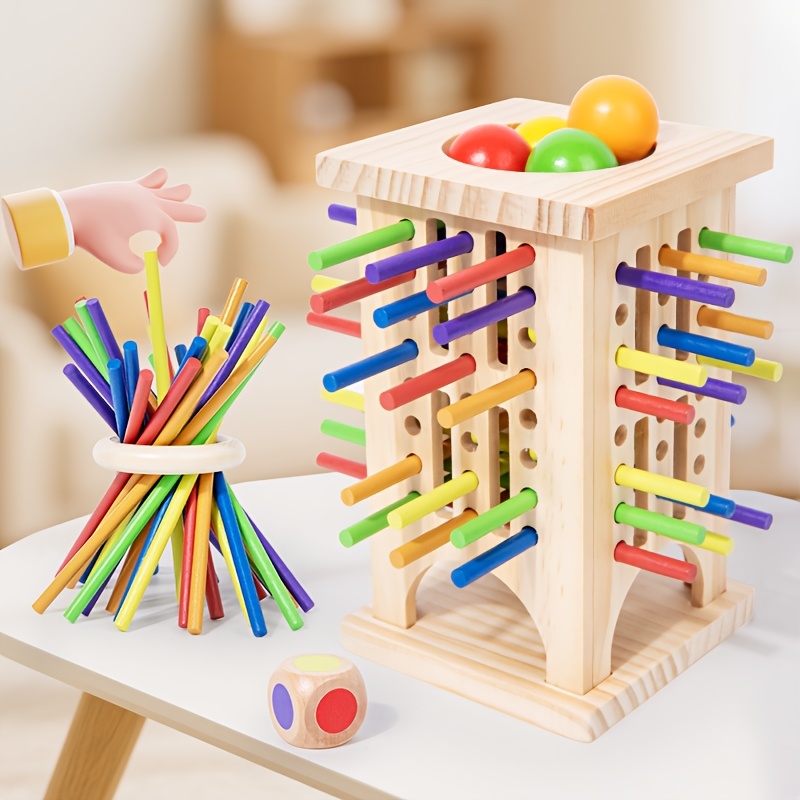 Image of Don't Let The Ball Fall: Wooden Tumble Tower Dice Game, A Family- Game For Parent-child Interaction. This Natural Wooden Puzzle Toy Fosters Fine Motor Skills, Thinking, And Problem- .