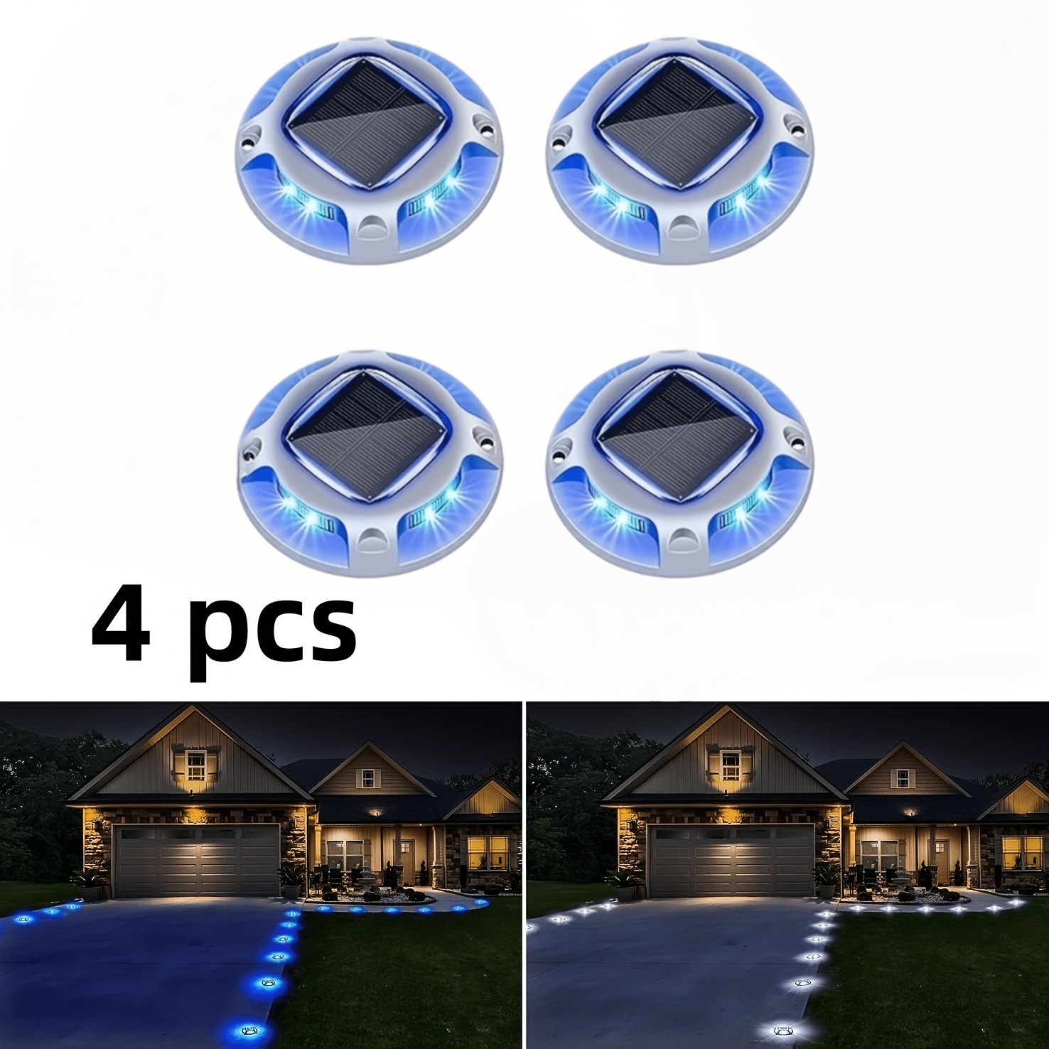 Solar Driveway Light Strips, 2 Color | Solar Deck Lights (4-pack), Outdoor Led Solar Base Lights & Marine Marker Lights, Suitable For Steps, , Patios, Gardens (blue/white), Ip65