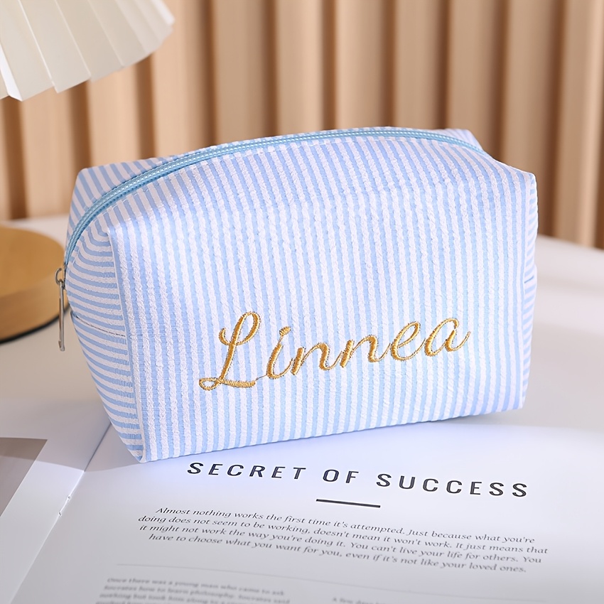 TEMU Personalized Embroidered Name Makeup Bag, Striped Cosmetic Pouch, Custom Name Travel Toiletry Bag, Portable Zippered Organizer, Suitable For