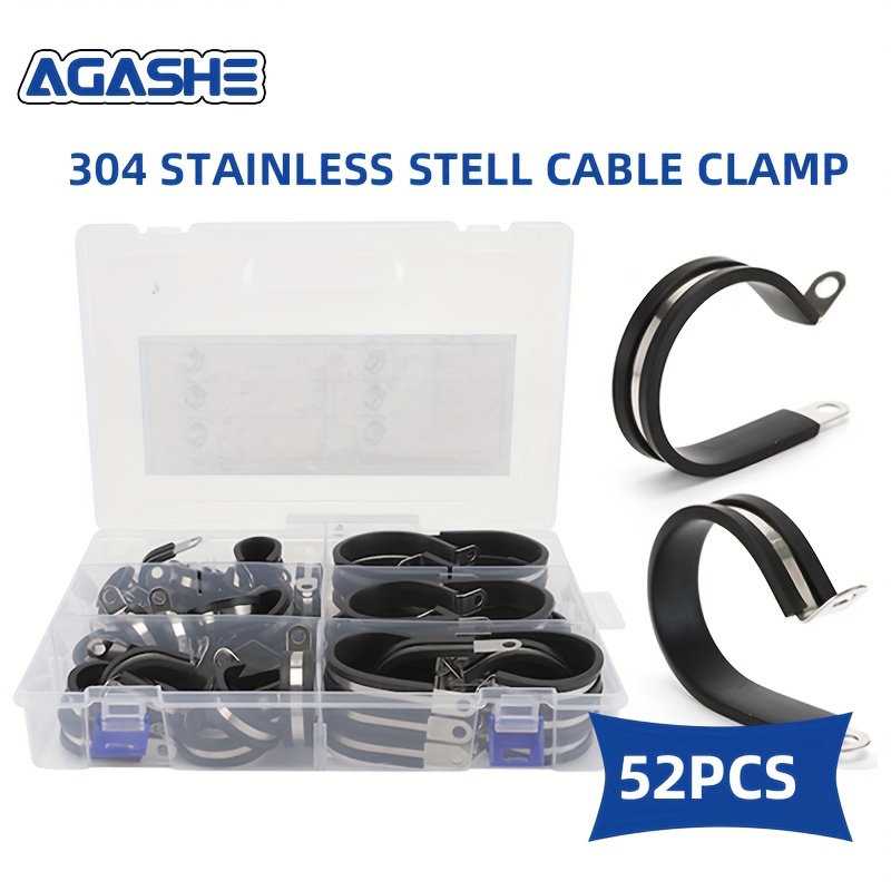 

Agashe 52pc Stainless Steel Cable Clamp Set With Rubber Cushion - Durable Metal Hose Clamps In 6 Sizes For Secure Piping & Cable Management, Ferrule Round Hose Fittings, Metal Construction