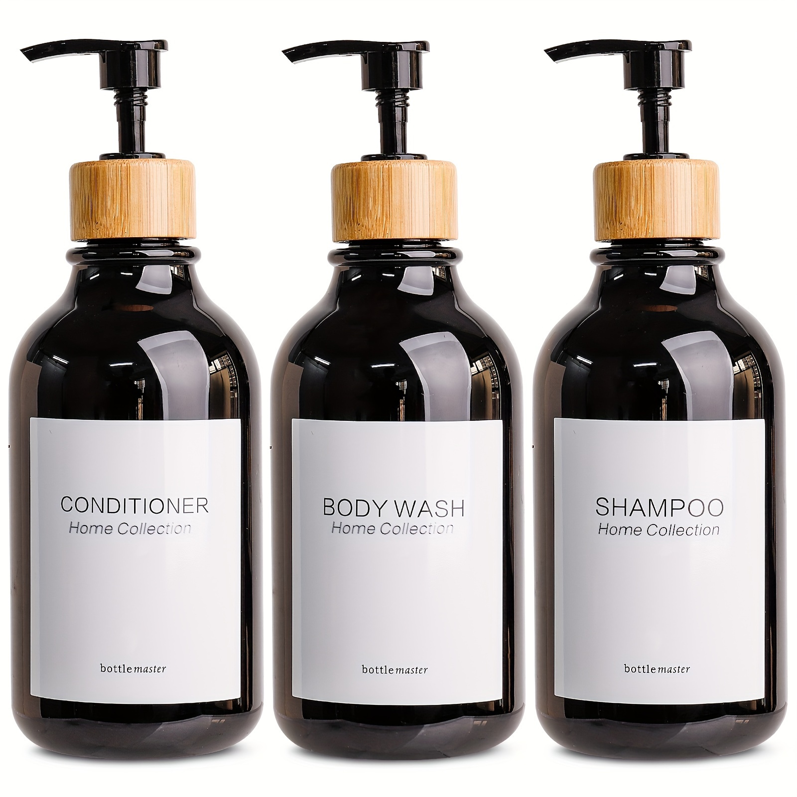 TEMU 3pcs 16.9oz Shampoo & Conditioner Dispenser Bottles With Wall Mounts - Amber Plastic, -free,, Transparent Body & , Black Pump Tops For Bathroom