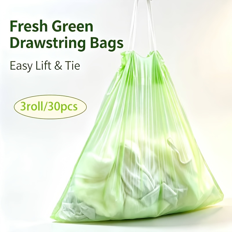 TEMU 3 Rolls/30pcs Light Green Drawstring Trash Bags, Easy To Carry/close; Household Trash Storage Bags, For Food Waste And Household, Perfect For