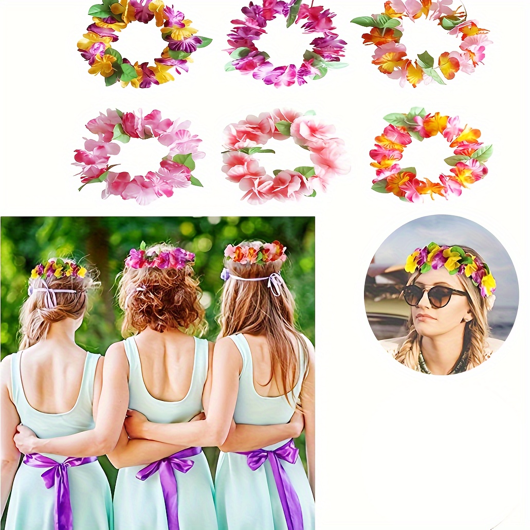 

6pcs, Hawaiian Wreaths Headband Tropical Luau Flower Headpiece Leis, Favors Supplies, Summer Decor, Summer Supplies, Party Decor, Party Supplies, Hawaii Theme Party