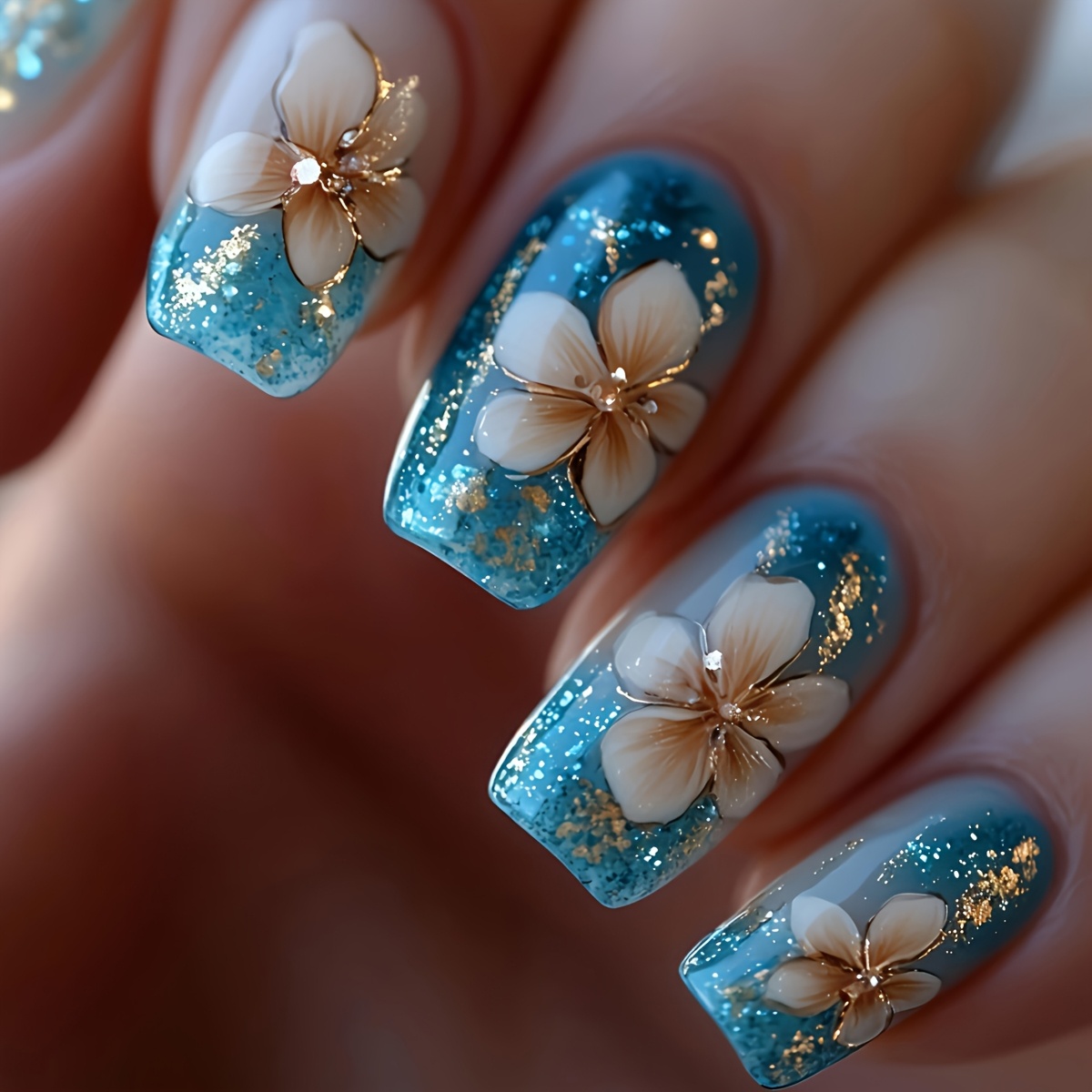 Medium-length Glossy Effect Nail Stickers With Blue , 24pcs Reusable Glitter Press-on Nails For Festive Wear