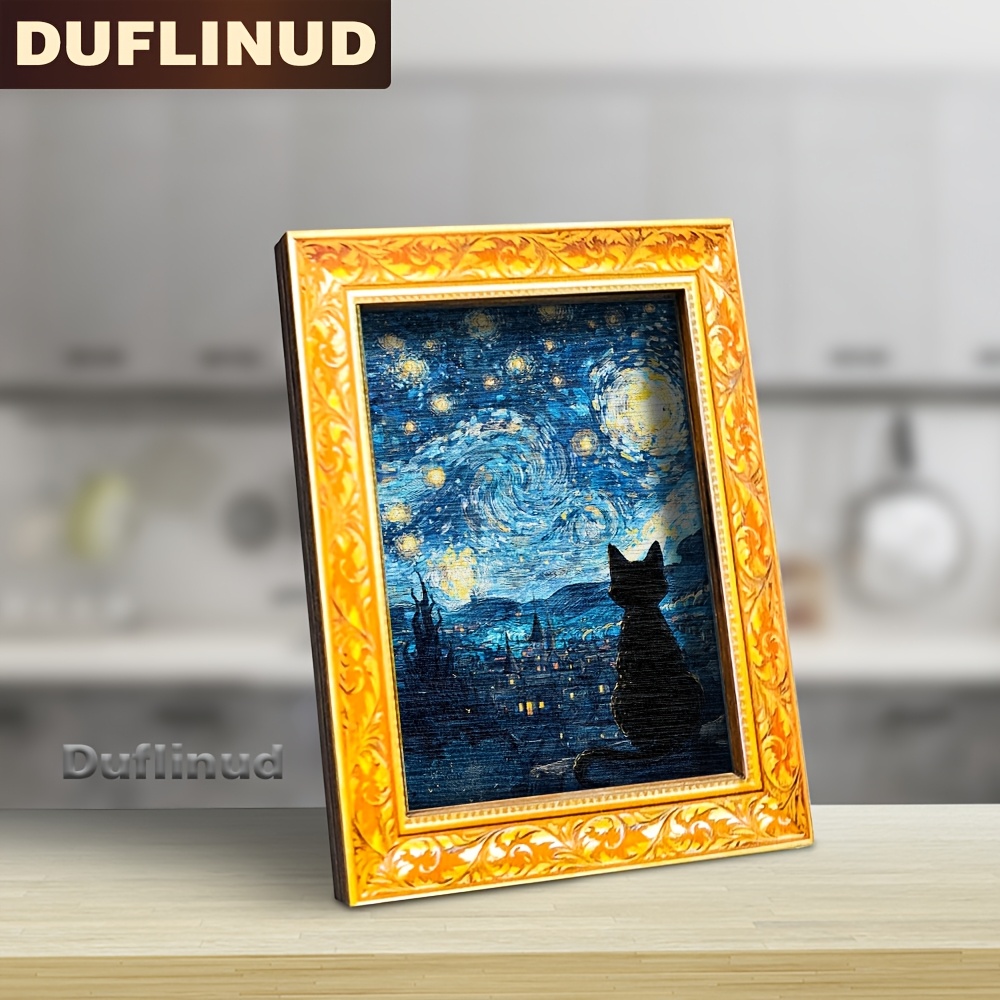 TEMU 1 Imán de nevera de madera de gato en cielo nocturno, mini decorativo, estilo Noche Estrellada de Van , lindo gato , imán de nevera de madera,