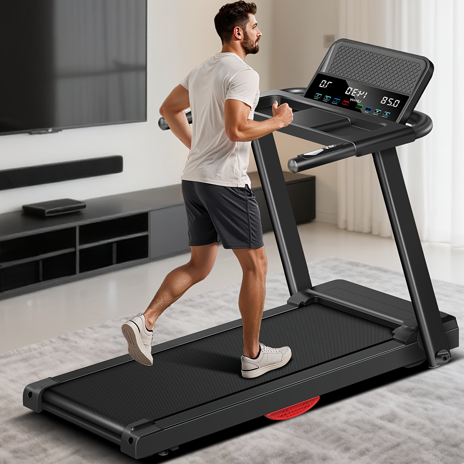 folding treadmills for home office dual cushion system and cup phone holder 300lbs capacity ideal for family workouts