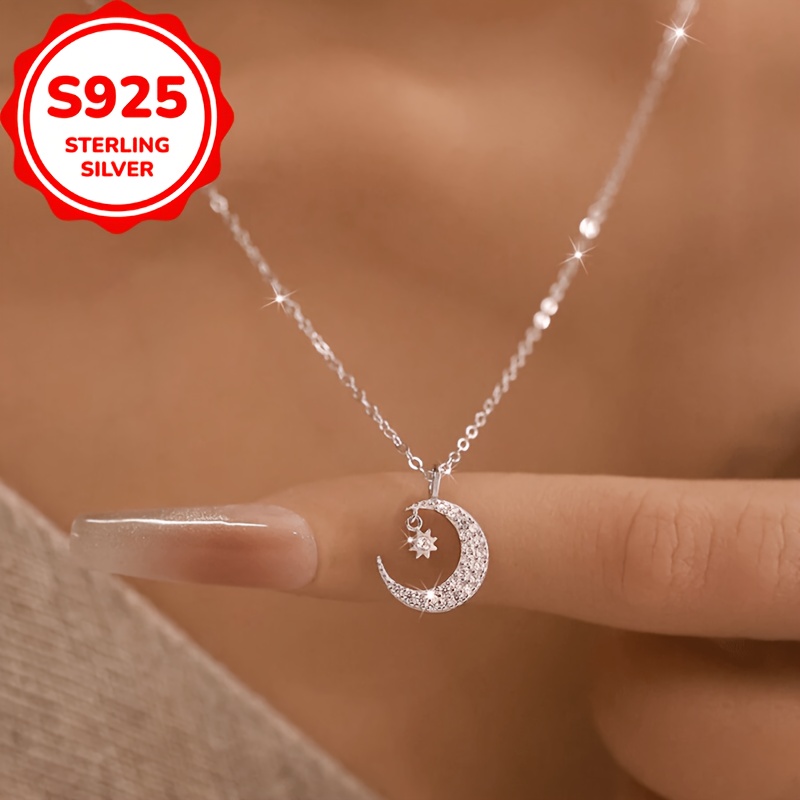 TEMU 1pc S925 Sterling Silvery Niche And Moon Necklace For Women, Gentle Moon With A Cool, Light Luxury, And Exquisite Collarbone Chain, Ins-style