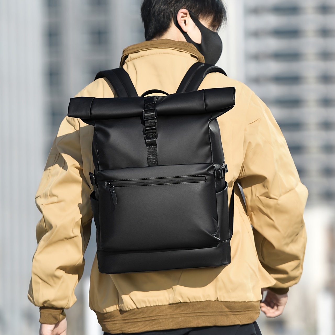 Men's Large-Capacity Roll-Top Backpack Compatible for 15.6 Laptop, Expandable Commuter Bag with Multi-Compartment Tablet & Side Pockets, Adjustable Shoulder Straps & Roll-Top Closure, Lightweight Breathable School Bag for Travel