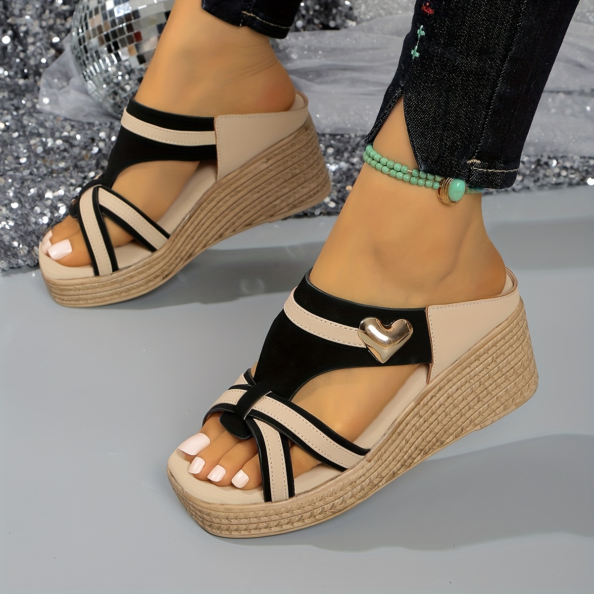 Image of Same Slope Heel Black Heart Slippers, Women Shoes Elegant Women Shoes Shoes