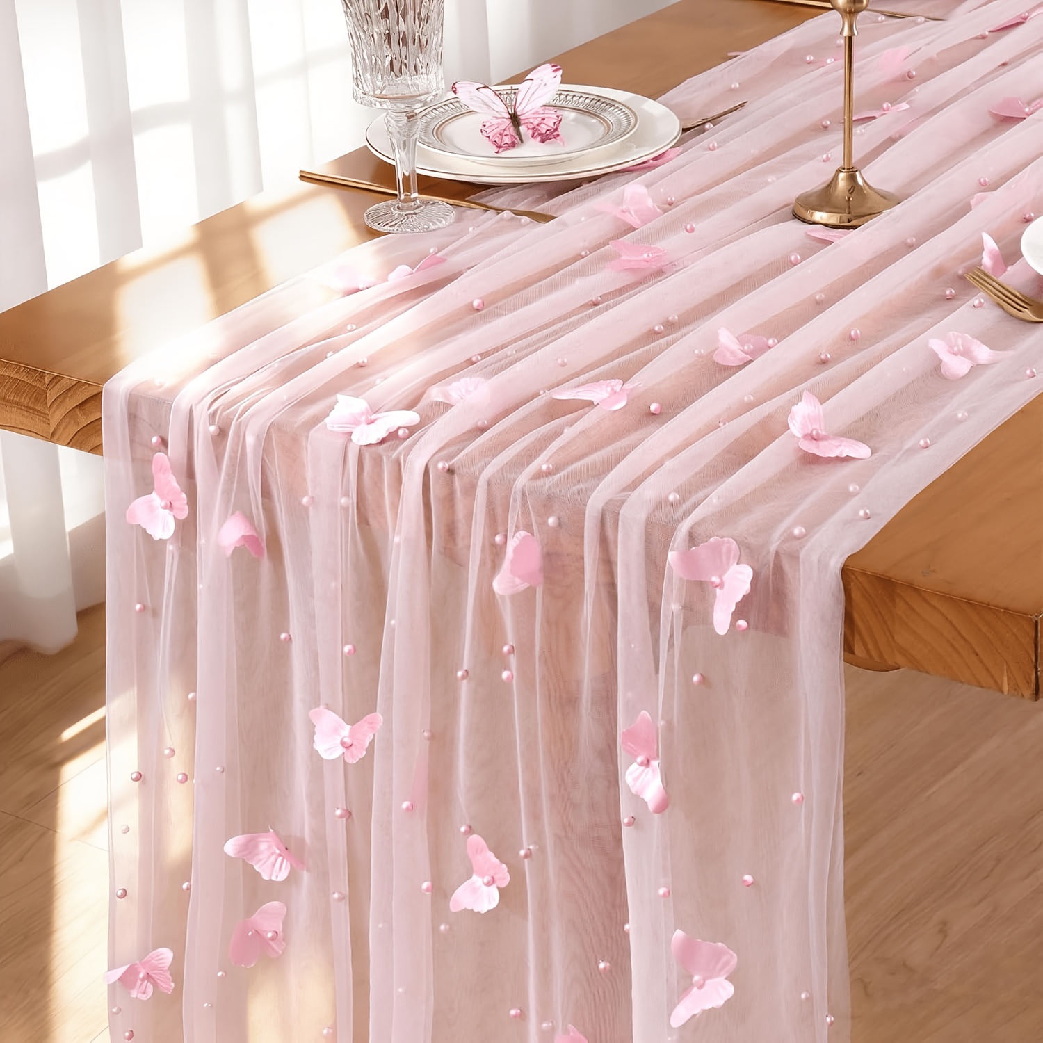 Image of Gauze Table Runner With 3d 120in 10ft Seasonal Sheer Tulle Table Runners Mesh Lace Fabric Runner For Wedding Baby Shower Party Holiday Dining Table Decor Diy Craft