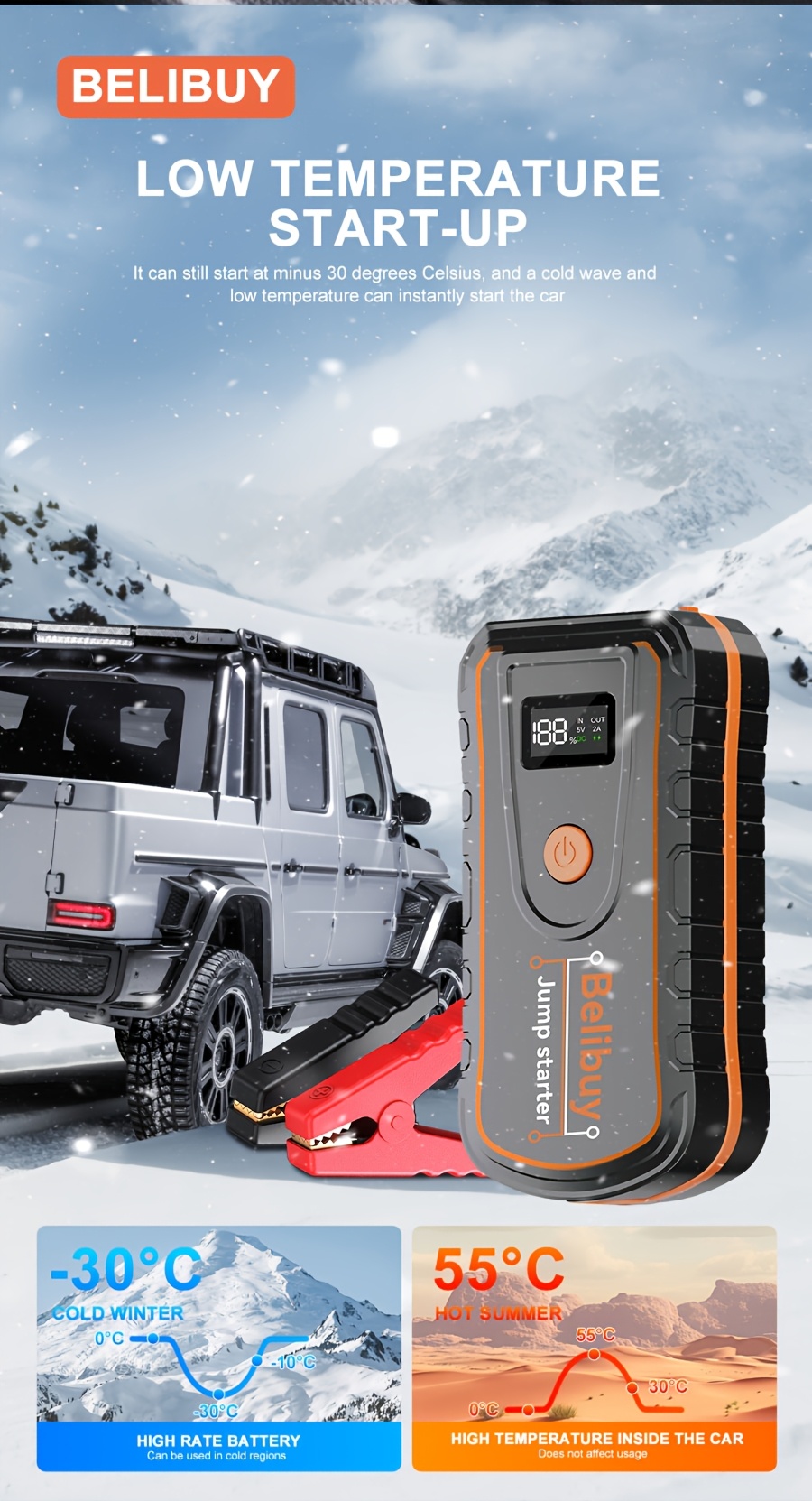 Démarreur d'urgence portable pour voiture - Chargement USB, batterie rechargeable | Conception en ABS noir, convient aux véhicules tout-terrain et aux aventures en plein air, alimentation de secours | Dispositif d'urgence compact | Structure robuste | Affichage numérique, charge rapide