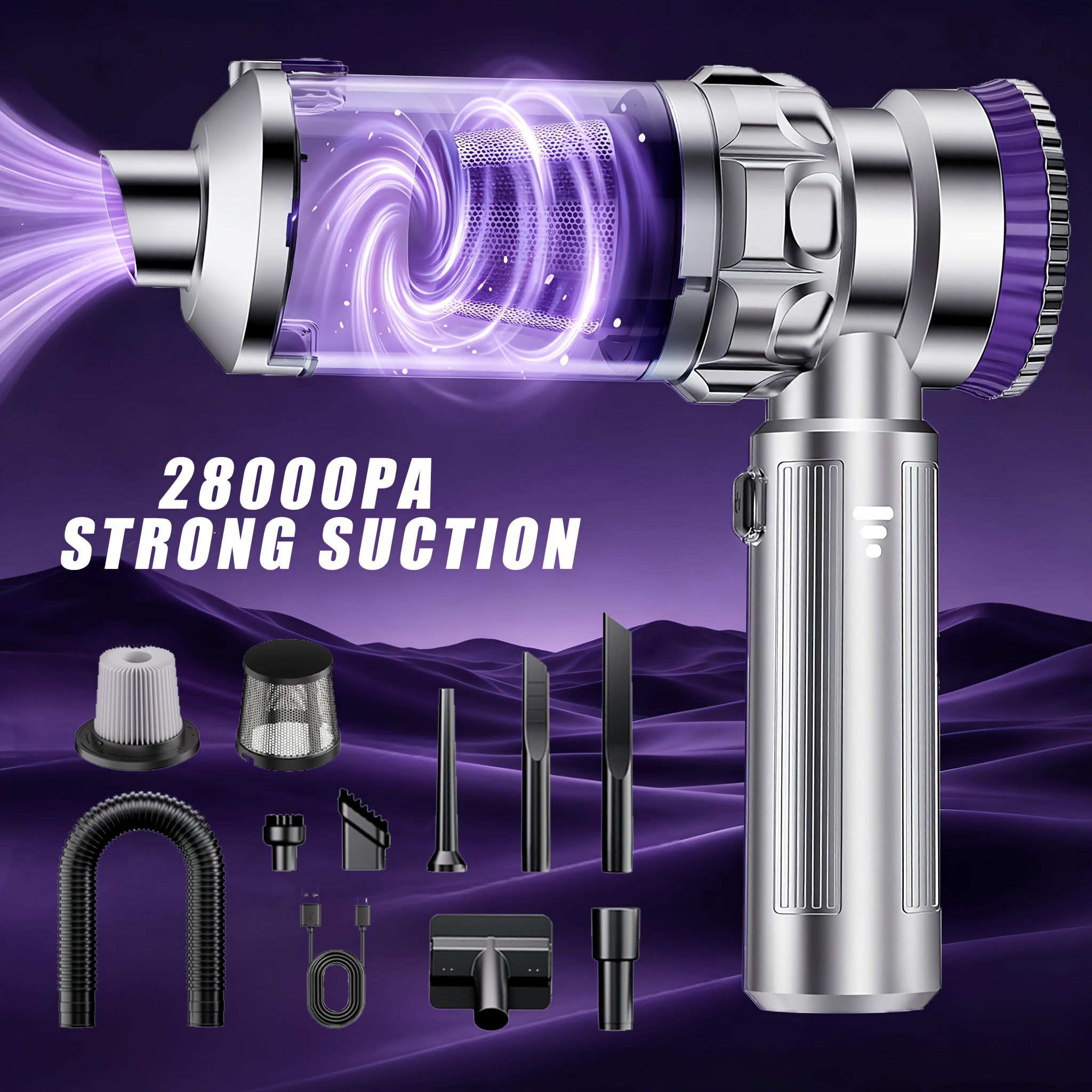28, 000 Pa Cordless Handheld Vacuum Cleaner, 4-in-1 Vacuum With Powerful Suction For Cars, Homes, Pet Hair, Sofas, And Carpets, Extra-large Dust Bin For Easy Emptying, Includes Accessories