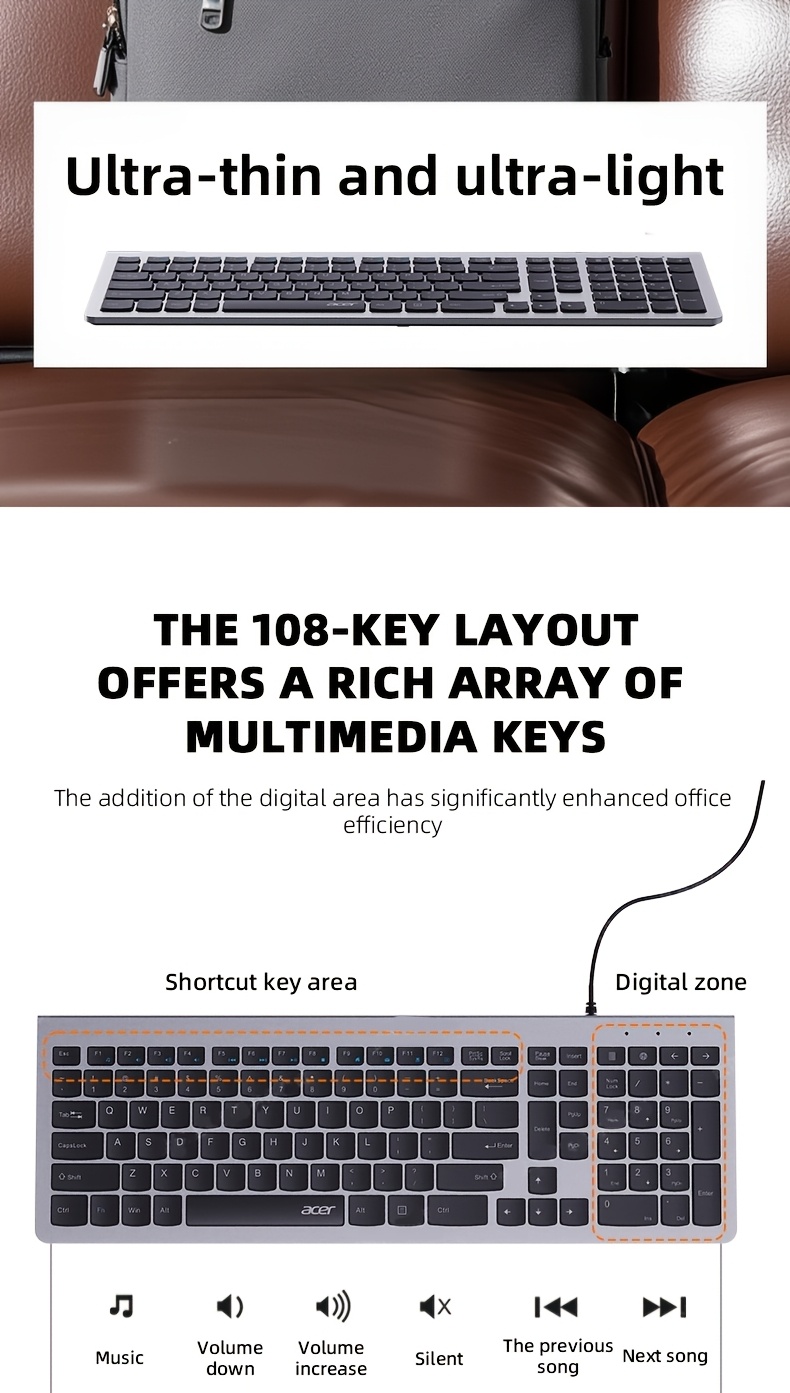 Acer 108-Key Quiet Keyboard | USB Wired Connection, Ergonomic Design, Comfortable Key Press, Responsive Key Rebound, Suitable for Gaming, Office Work, and More