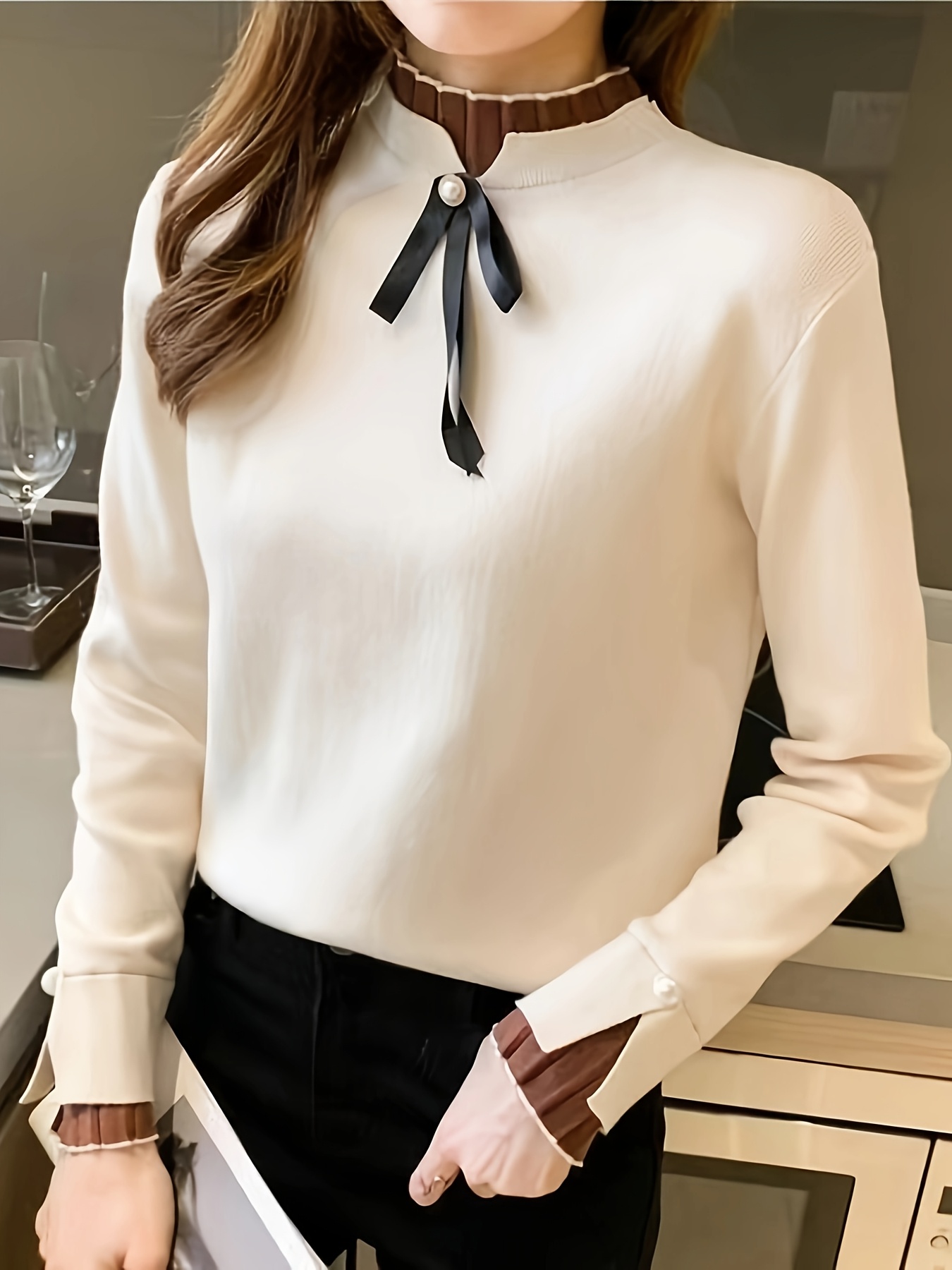 womens elegant round neck long sleeve turtleneck collar Temu Chile