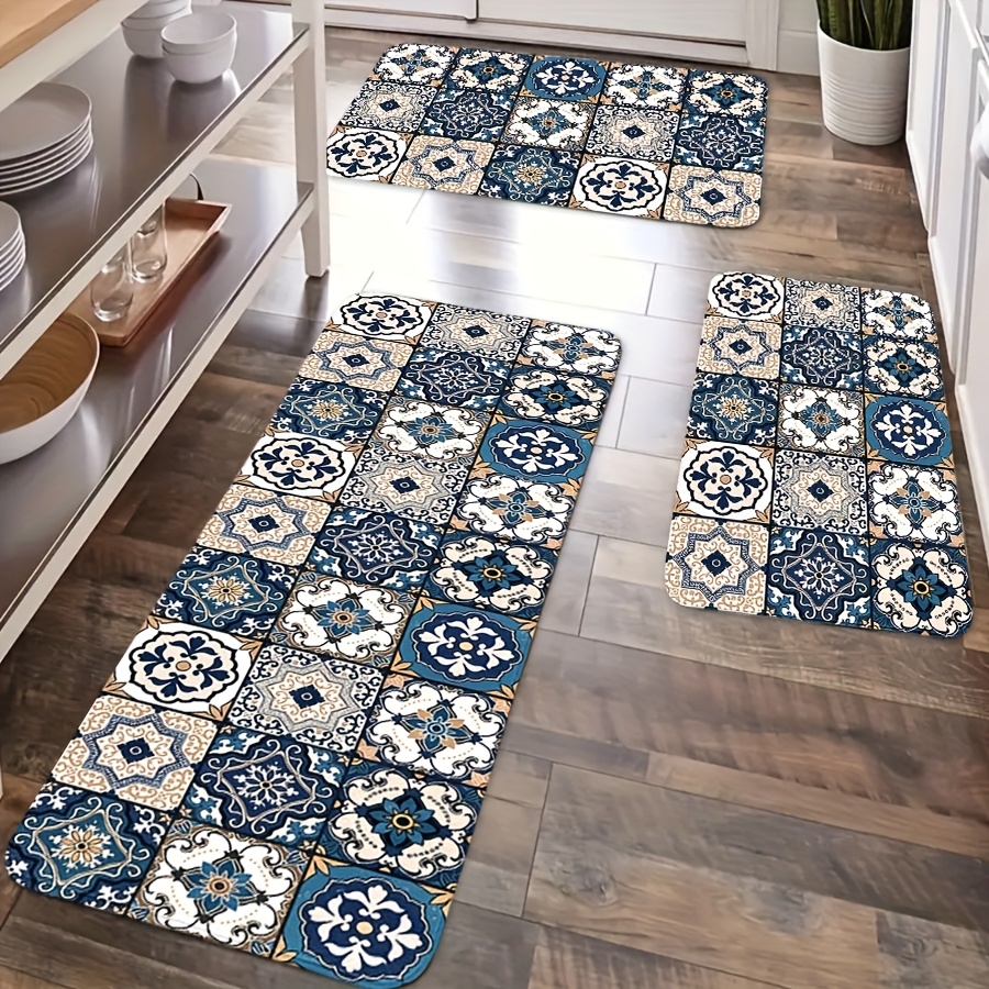TEMU 2/3pcs Bohemian Geometric Mat Suitable - Modern Low-profile With Pvc Backing, Non-slip Machine Washable Decor, Neutral Colors