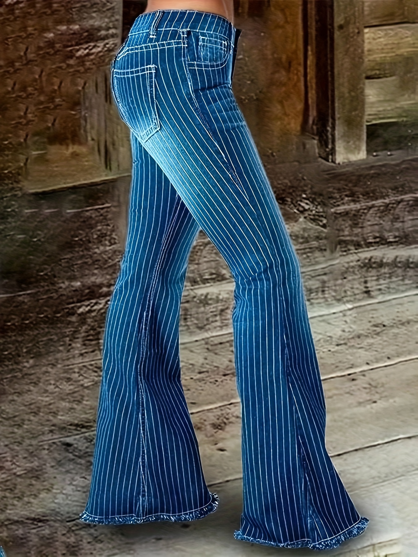 Women's Plus Size Jeans Pintuck Striped Bell Bottoms High - Temu