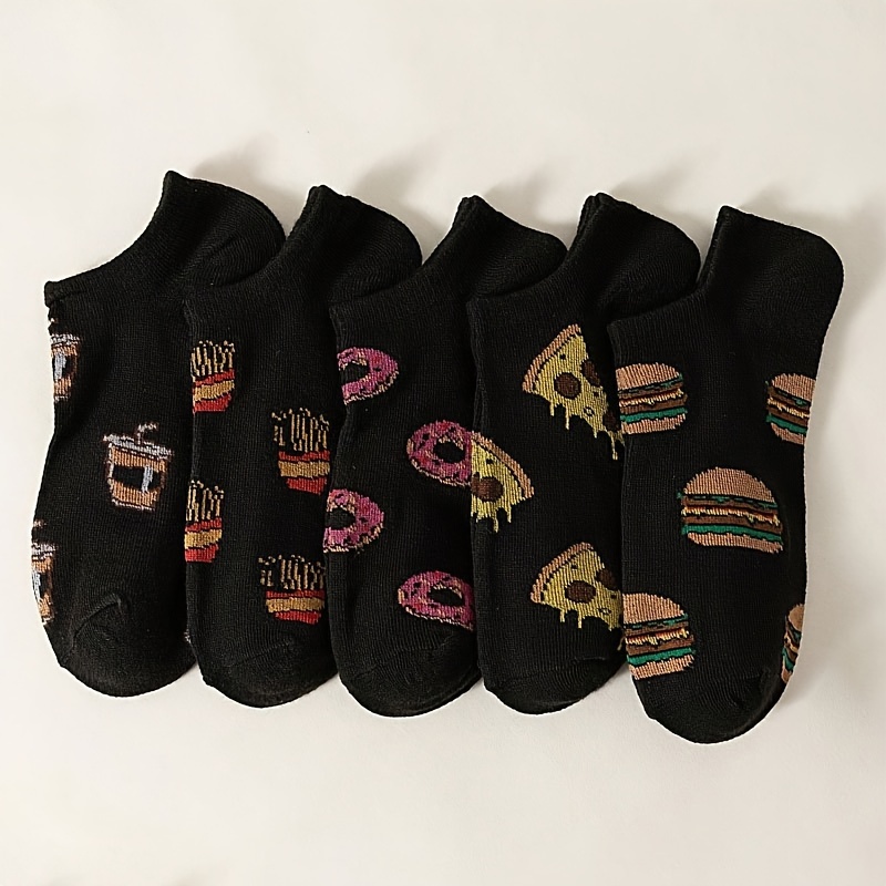 

5pcs Women' Cartoon Hamburger Ankle Socks, Breathable Polyester , Machine Washable