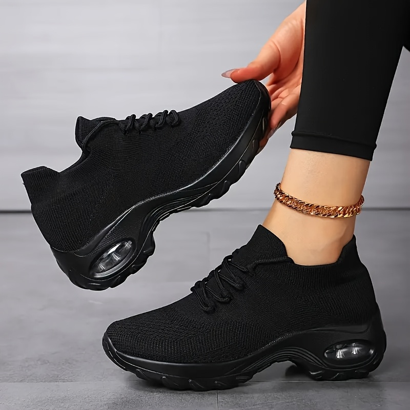 Women's Lightweight Breathable Casual Sneakers Comfortable Air Cushion  Walking Shoes with Stylish Black White Patterned Fabric Up