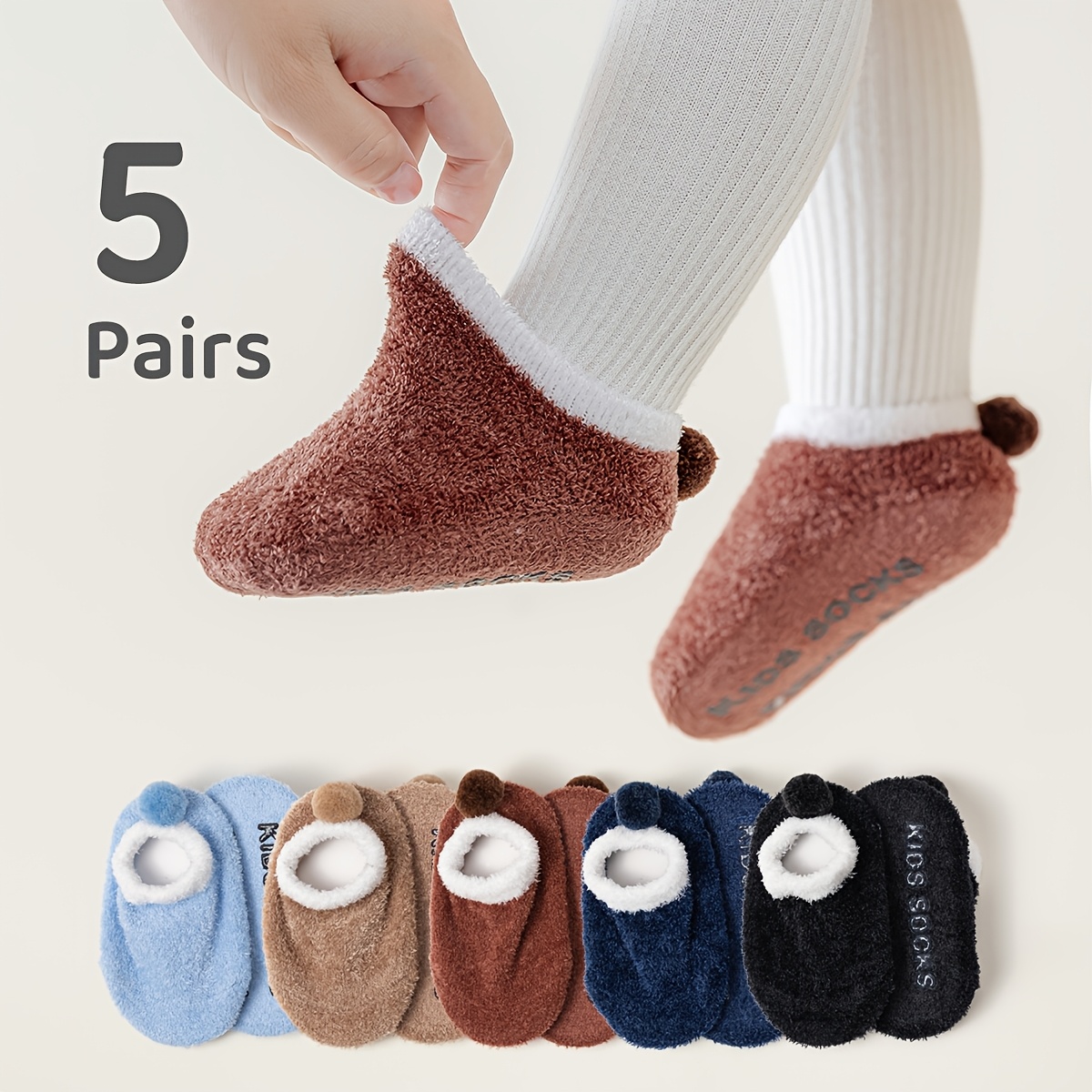 Image of 5-pair Children's Plush Floor Socks, Anti-slip Dotted Glue, Thickened And Warm, For Toddlers, Indoor Use In Autumn And Winter