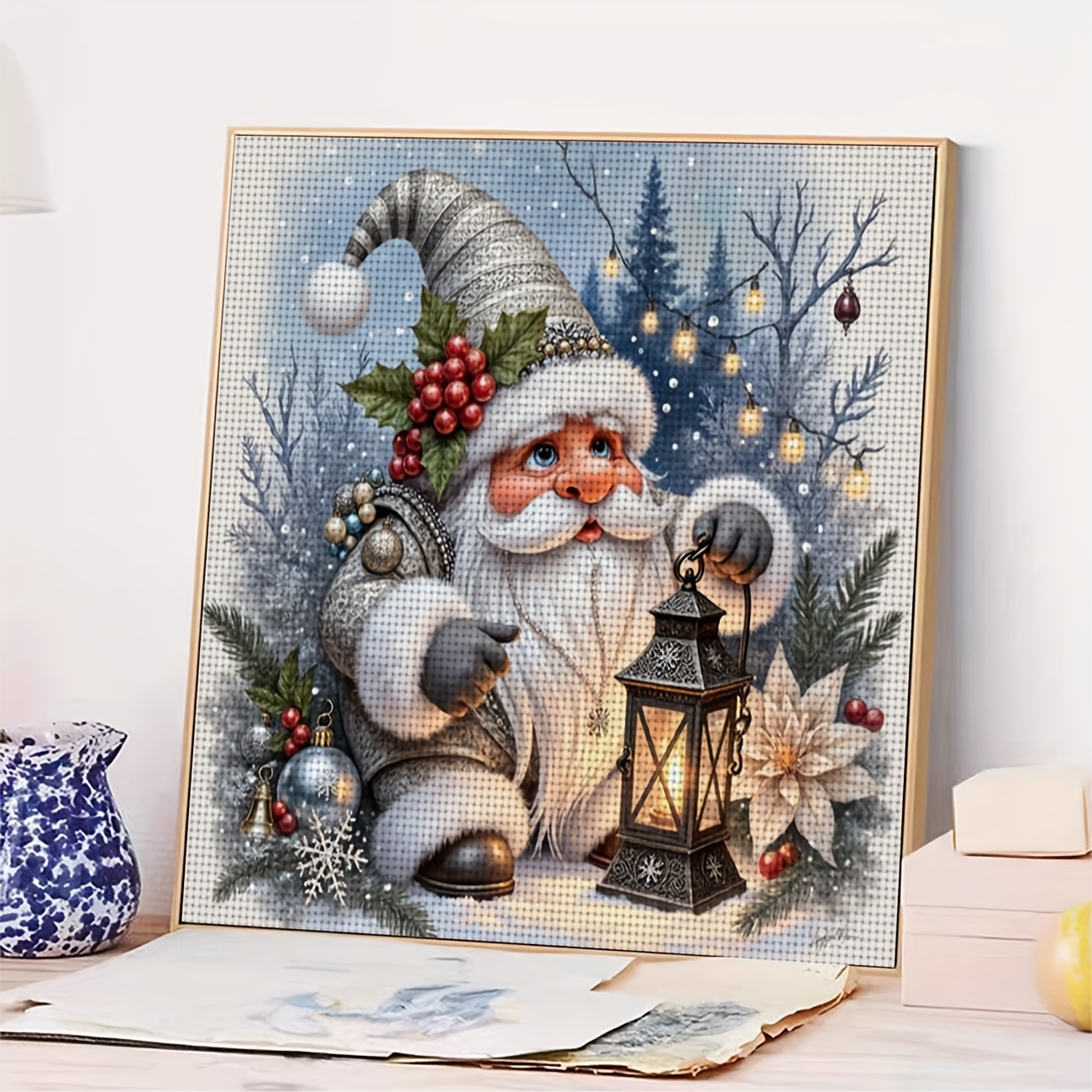Printed DIY Cross-Stitch Kit, Christmas Elf Lantern Design