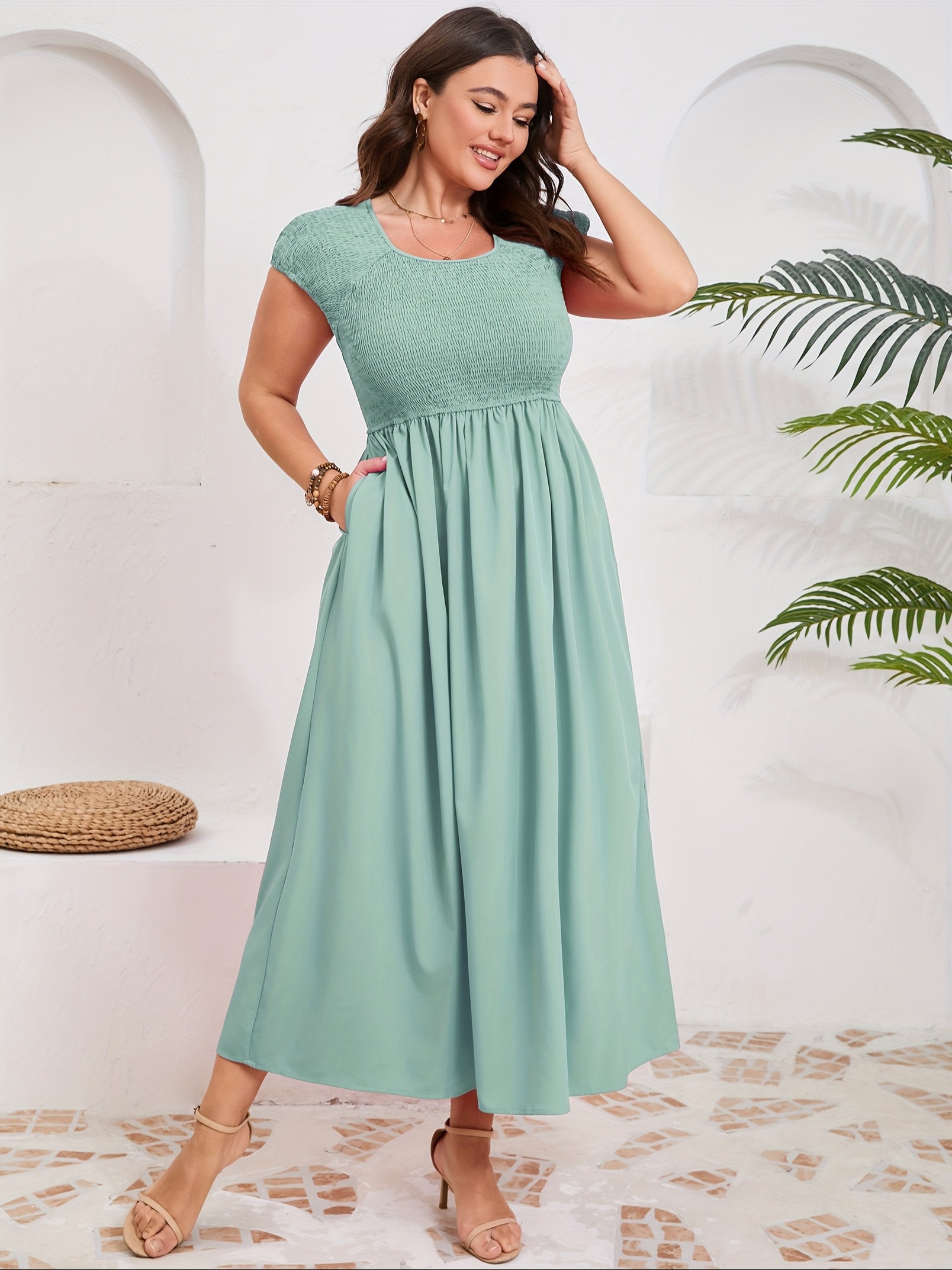 Women's Plus Size Maternity Maxi Dress Summer Casual Round Neck Short Sleeve Smocked High Waist Maxi Dresses with Pockets Dusty Blue XXL womens plus size maternity maxi dress summer casual round - Temu