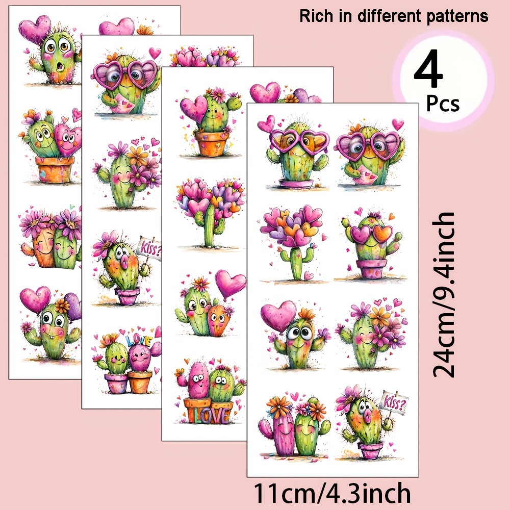 TEMU 4er-Set Cactus-Muster UV-Transfer - für Bastelarbeiten, Tassen, Laptops & Wasserflaschen, selbstklebendes Plastik, Tassendekoration, Laptop,