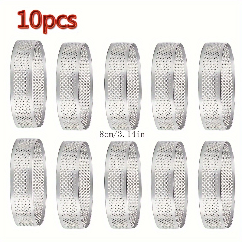 

10pcs Stainless Steel Tart Rings - , Perforated Round Cake & Mousse Molds For Baking And Pastry Making, Stainless Steel, Tart Ring, , Baking