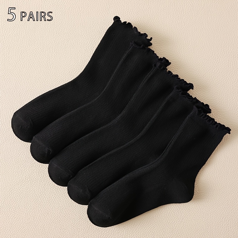 

5 Pairs Women' Ruffle Trim Knee-high Socks, 97% Polyester 3% Spandex, Comfortable Loose Fit, Solid Color Knit Fabric, Seasonal Socks