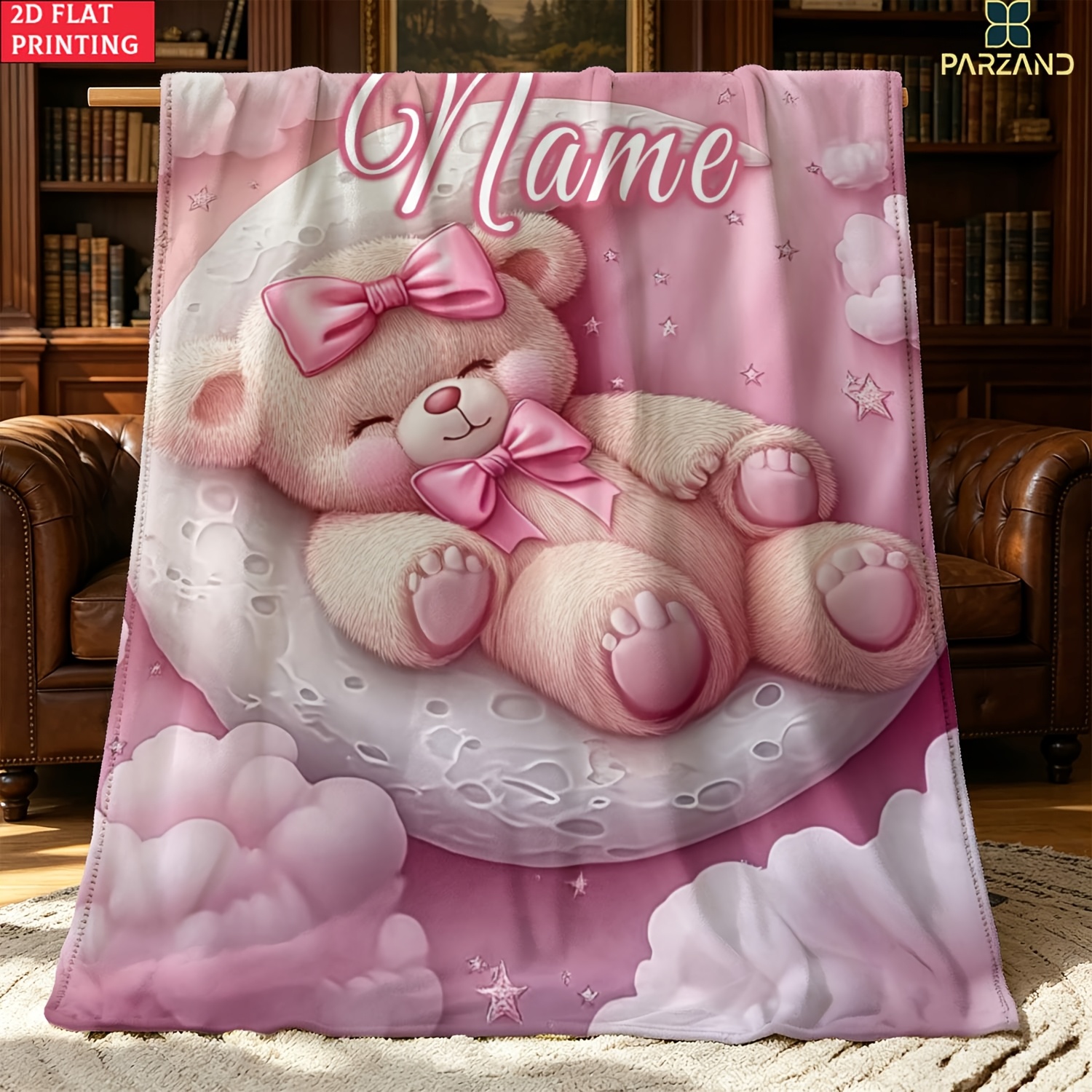 TEMU 1pc Custom Name Pink Bear Portable Blanket- Lightweight Throw For Sofa Bed Travel Camping, Livingroom Office Couch Chair, And Bed - Digital