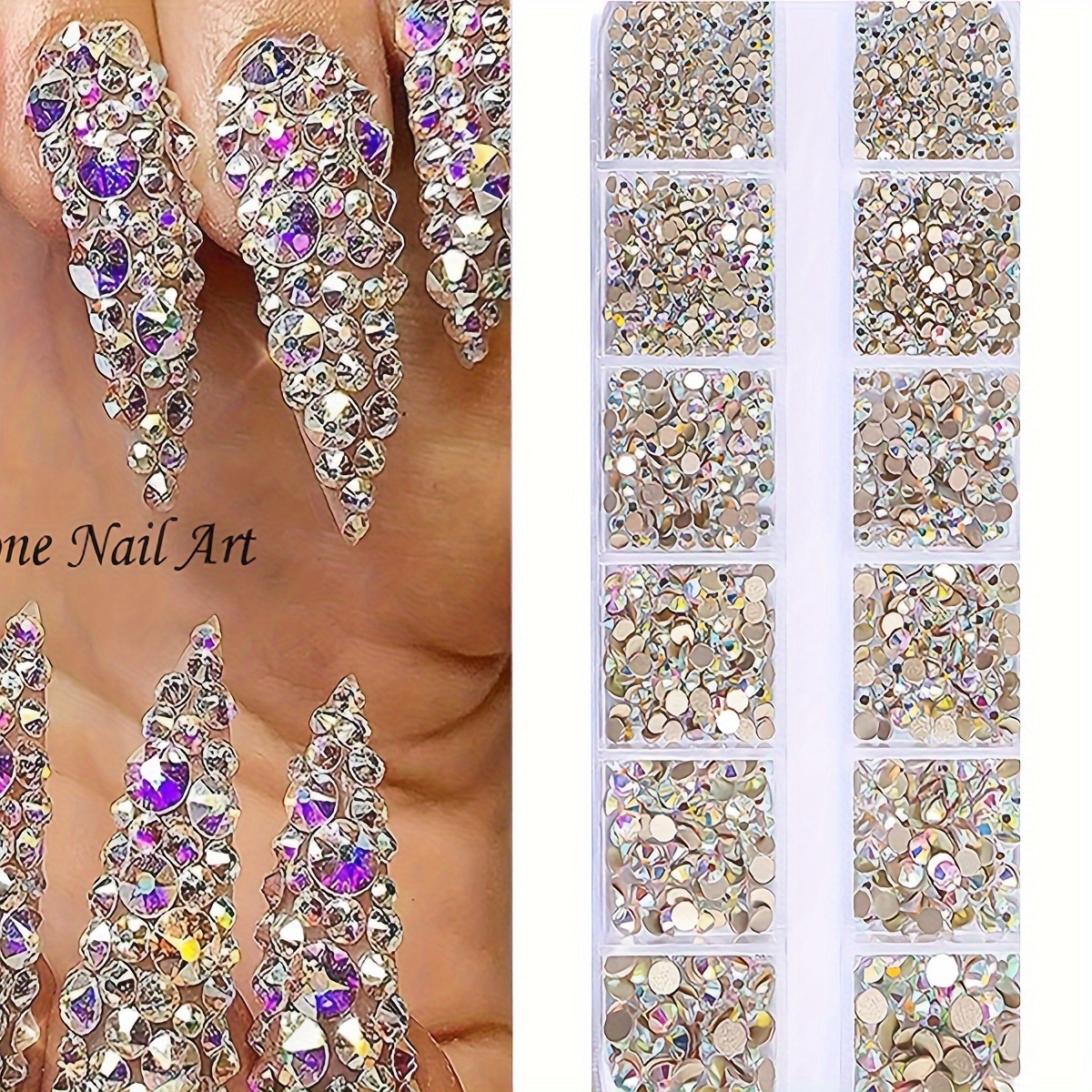 

12-grid Nail Art Rhinestones, Mixed Size 1.5-5mm, Flatback 3d Glass Crystals, Ab & Clear Gems, Pearls For Acrylic Nails, Strass Charms, Non-scented, 1 Box Set