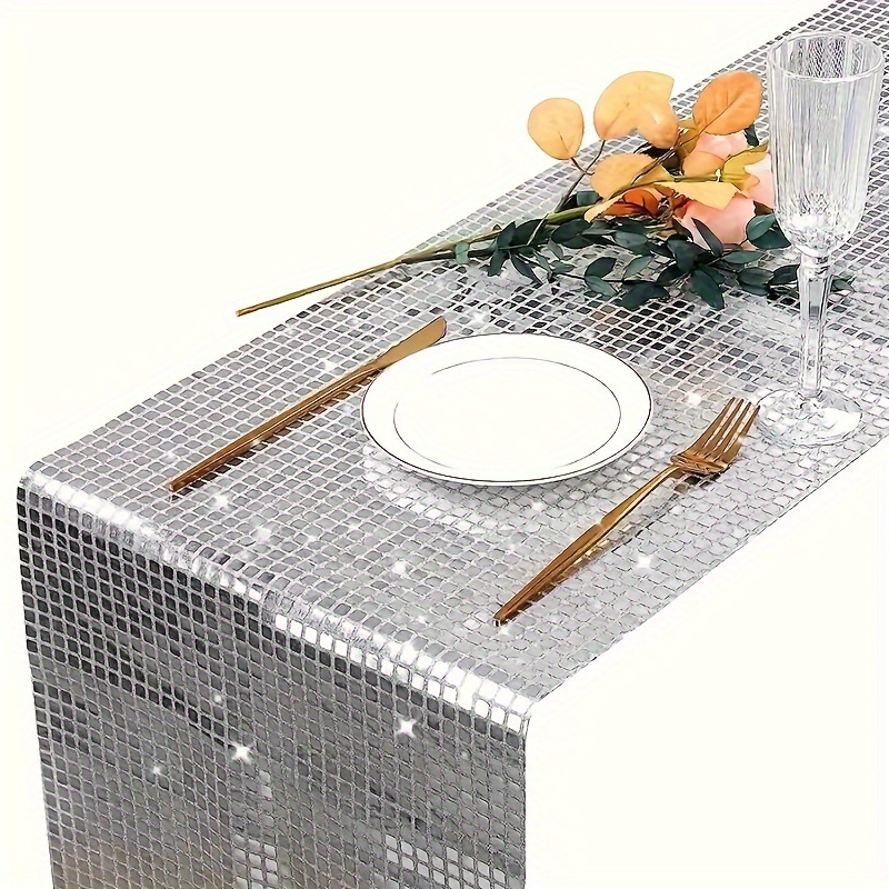 

Polyester Table Runner - Knit Fabric With Non-slip Back, Resistant For Christmas, Wedding, Birthday Party Decorations - Rectangle Mirror Sequin Sparkle Tablecloth