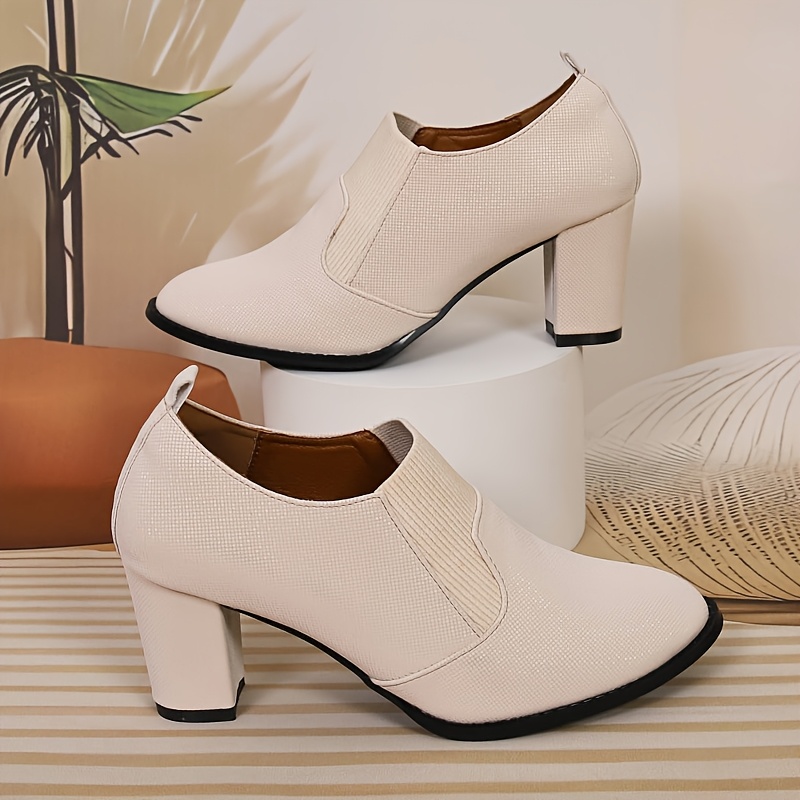 TEMU Elegant Women Shoes Shoes Women's Apricot Vintage Chunky Heel Round Toe High Heels - Winter High Heels With Pu And Sole, Comfortable Thick Sole,