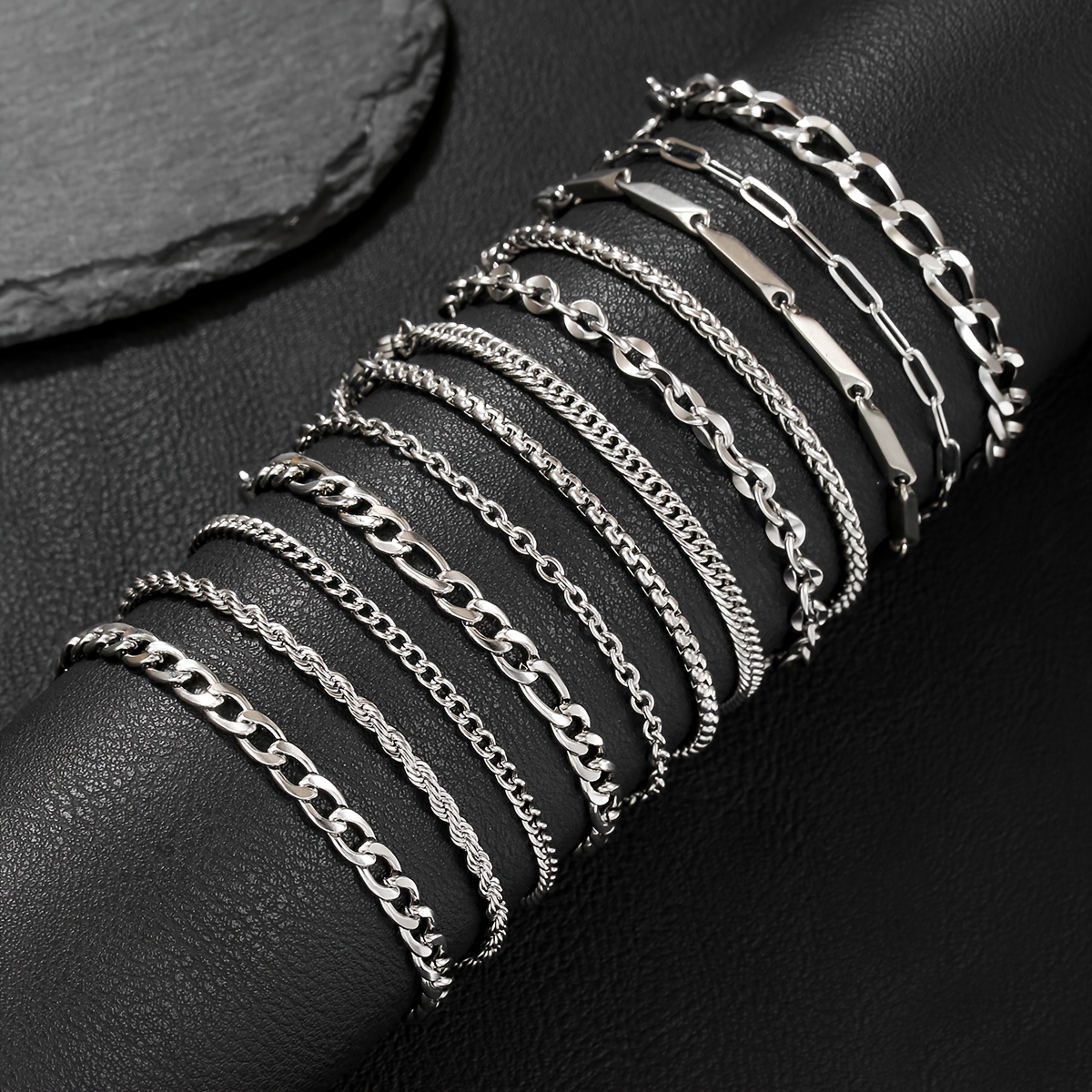 E-shop 12-teiliges Set Hochwertige 201 Edelstahl Bradarmbänder Modische Hip-Hop Armbänder für Männer Frauen Schmuck